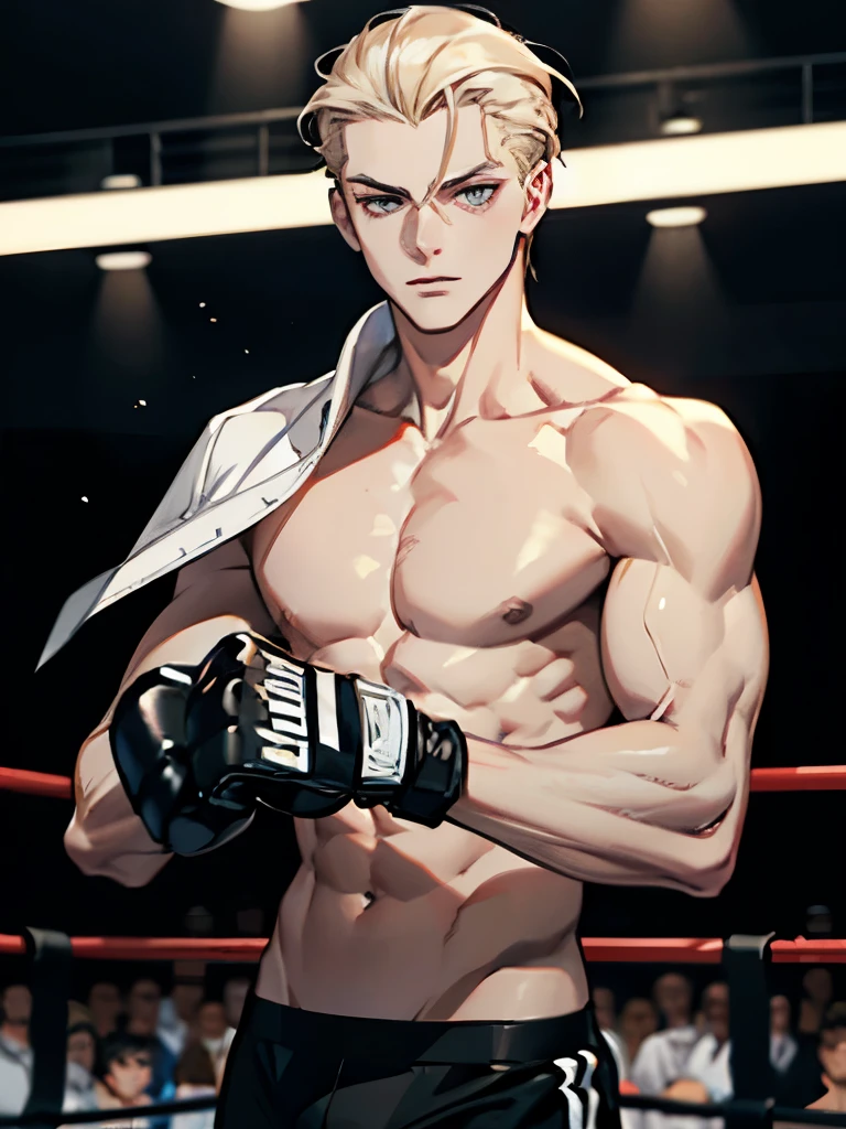 Male, light blonde, hair slicked back, black hood, light gray eyes, mysterious, boxer,  black boxing gloves, shirtless, pale skin