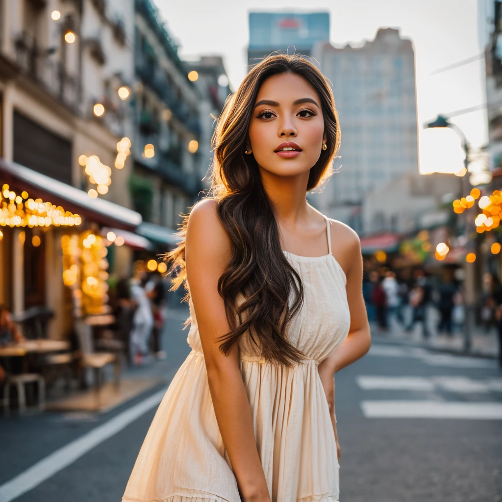 Hyperrealistic portrait of a 23-year-old young woman, her Latin features prominent. Caramel-toned skin glows subtly, blending with expressive amber eyes framed by long lashes. Voluminous chocolate-hued hair cascades over her shoulders, capturing the evening light. Straight nose, rosy lips with a natural gloss, enhance her allure. Positioned in Mexico City, the Torre Latinoamericana behind her, she stands amidst vibrant streets. Soft, warm glow of the golden hour illuminates her white linen sundress as it dances gently in the breeze. Expertly captured by a DSLR with an 85mm f/1.2 prime lens, blurring the background while preserving sharpness. Meticulously crafted composition incorporates the grandeur of the tower and bustling energy of the streets. Evokes urban charm and cultural richness, with a complementary color palette. Every detail, from light play on silver accessories to linen dress texture, is rendered with precision, capturing Mexico City's allure.