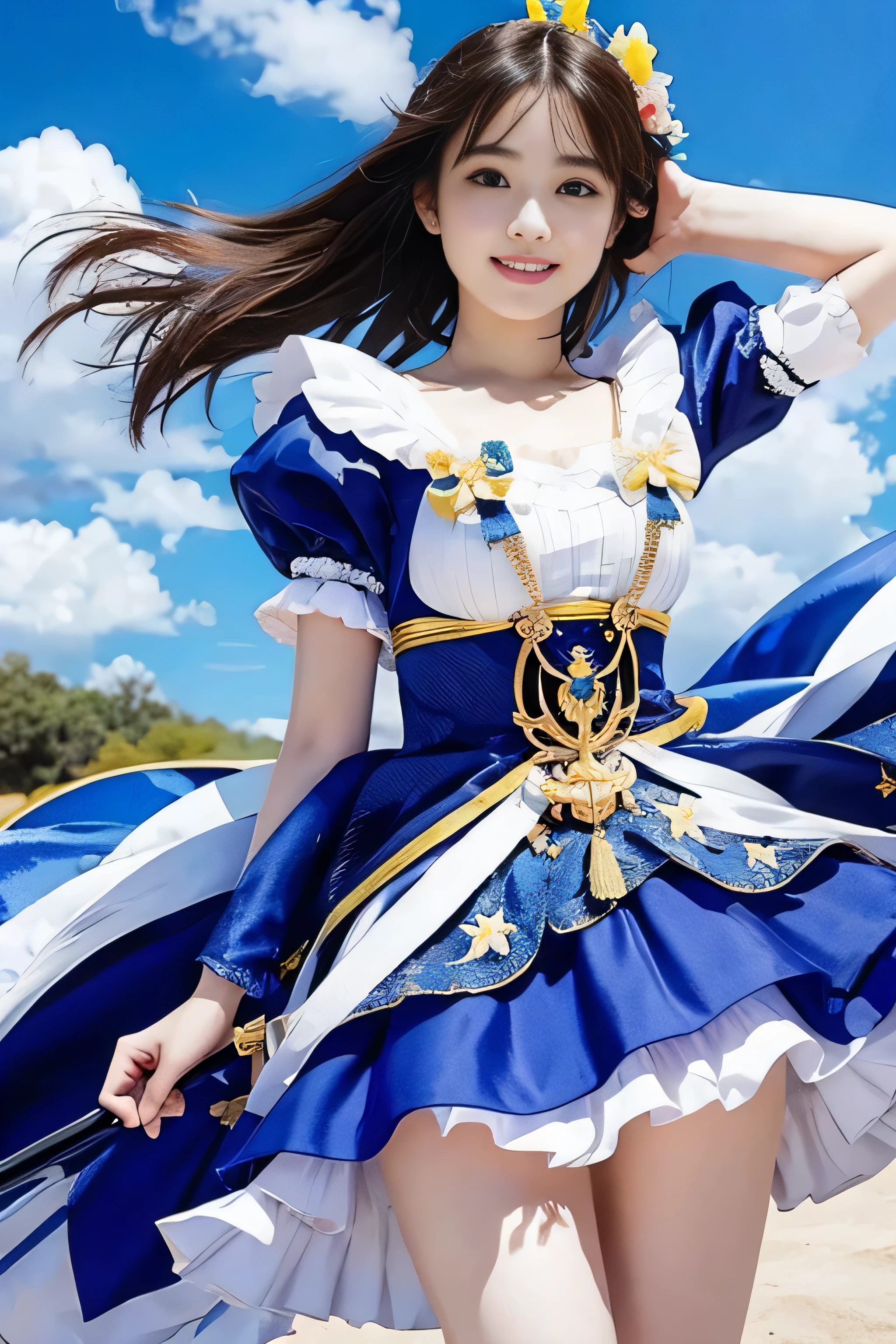 ((RAW image quality:1.4)), 1 girl, , Japanese, A woman wearing a blue and white lolita costume、floating in the sky with magical power, Reflecting the strength of her determination,Because she embodies the power of natural forces in battle.official art, 8k wallpaper, Super detailed, beautiful and aesthetic, beautiful, masterpiece, highest quality,(Pay attention to the thighs),pretty face,naughty smile, eye details,small bust、delicate body shape、(Wind,outstanding pale straight hair,Floating skirt),white panties, (he has a long anime magic wand.)、(wonderful bright blue sky:1.4), biologically correct, A photo that shows the whole body,