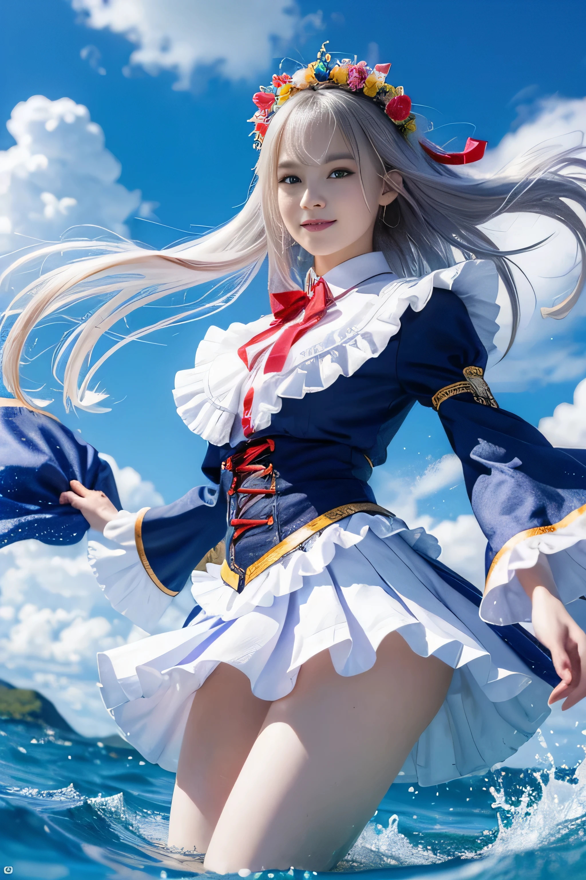 ((RAW image quality:1.4)), 1 girl, , Japanese, A woman wearing a blue and white lolita costume、floating in the sky with magical power, Reflecting the strength of her determination,Because she embodies the power of natural forces in battle.official art, 8k wallpaper, Super detailed, beautiful and aesthetic, beautiful, masterpiece, highest quality,(Pay attention to the thighs),pretty face,naughty smile, eye details,small bust、delicate body shape、(Wind,outstanding pale straight hair,Floating skirt),white panties, (he has a long anime magic wand.)、(wonderful bright blue sky:1.4), biologically correct, A photo that shows the whole body,