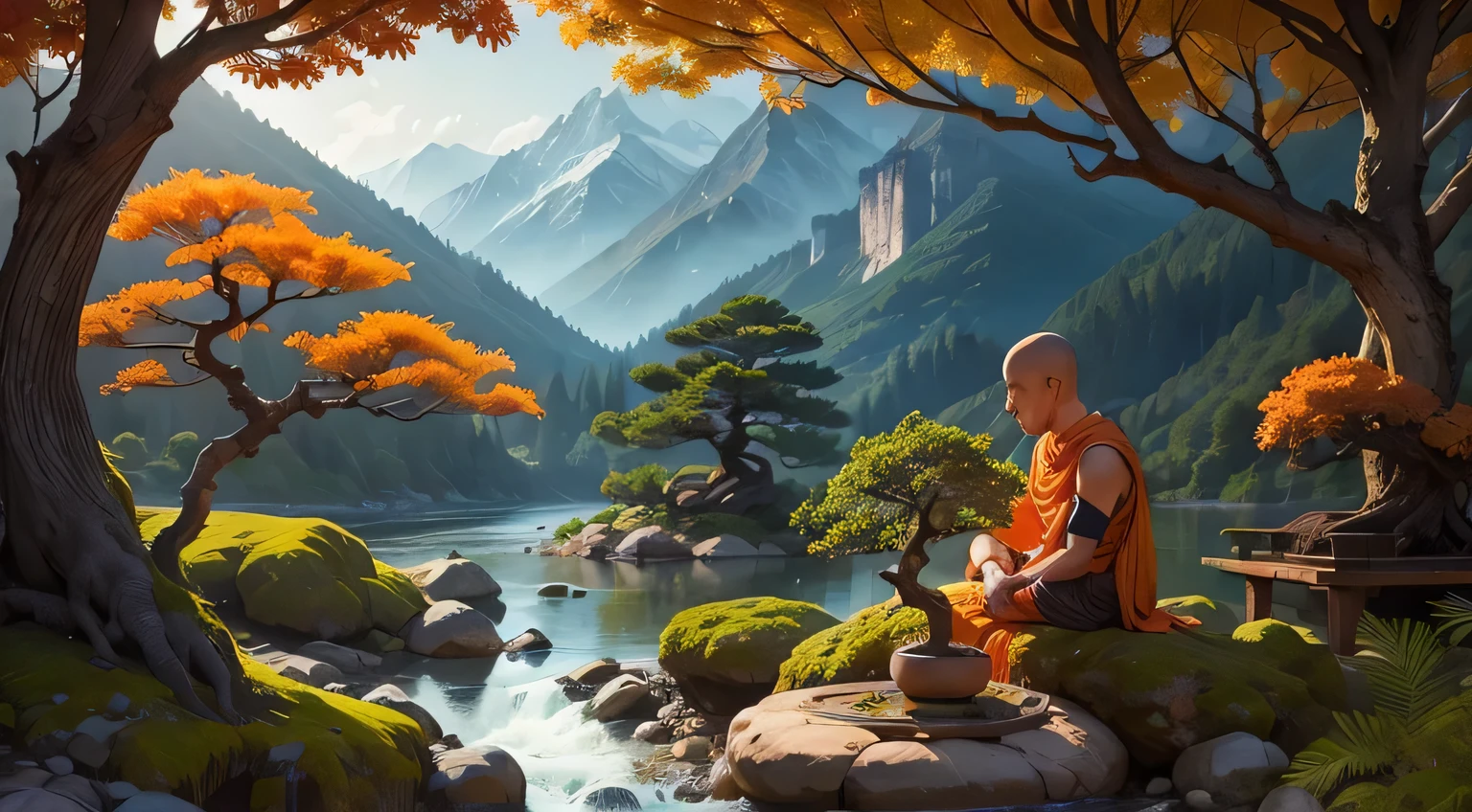 A monk wearing an orange cloth is sitting near a bonsai tree,river,Mountain,nature,dark,morning