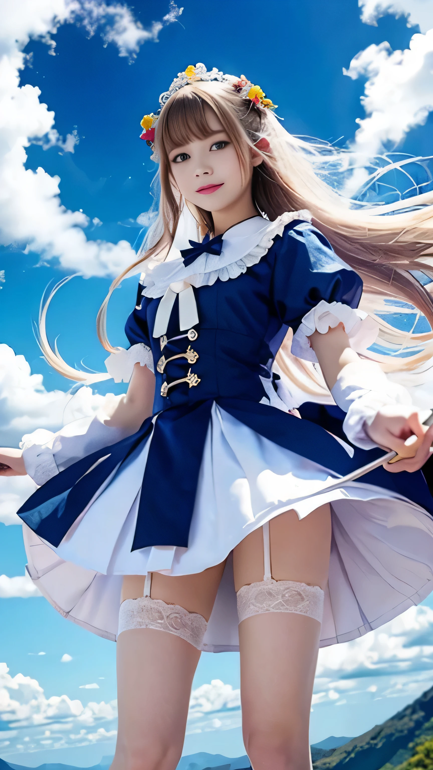 ((RAW image quality:1.4)), 1 girl, 13 years old, Japanese, A woman wearing a blue and white lolita costume、floating in the sky with magical power, Reflecting the strength of her determination,Because she embodies the power of natural forces in battle.official art, 8k wallpaper, Super detailed, beautiful and aesthetic, beautiful, masterpiece, highest quality,(Pay attention to the thighs),pretty face,naughty smile, eye details,small bust、delicate body shape、(Wind,outstanding pale straight hair,Floating skirt),white panties, (he has a long anime magic wand.)、(wonderful bright blue sky:1.4), biologically correct, A photo that shows the whole body,