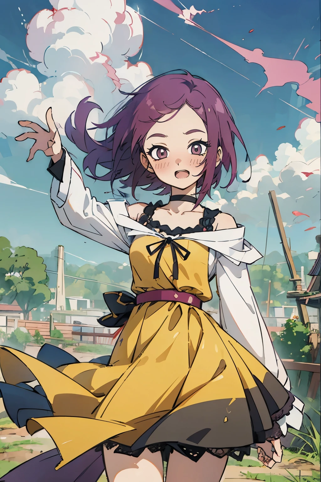 Kisho, jigokuraku, 1 girl, reddish Purple hair, ashen eyes, showa town, Ruins, Bang, Beautiful sky, shining sky, Sunshine, Smiling, Waving, Black Belts, black choker, black dress, Dresses that blow the wind, black Lace dress, wool sweaters, Off-shoulder sleeves