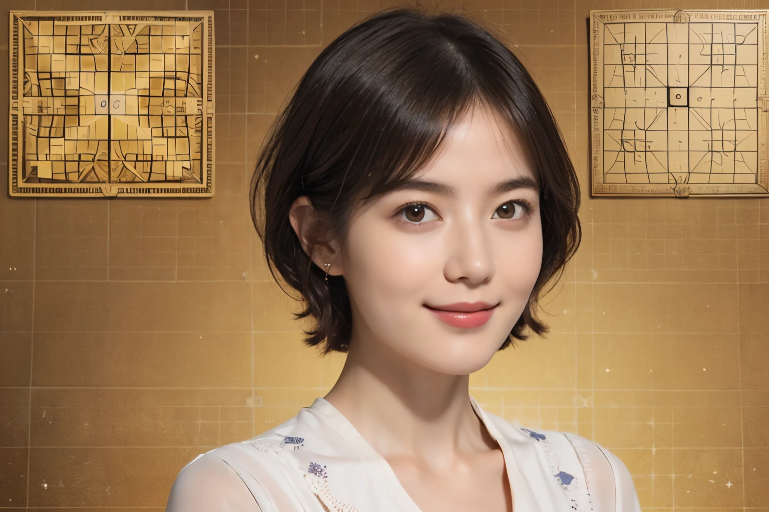 176 short hair, 20 year old woman, gentle smile, (The background is a magic square,fractal art:1.46)