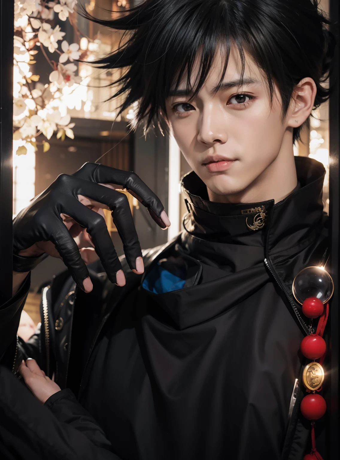 Anime – style photo of a man with black hair and a black jacket,Jujutsu Kaisen、Megumi Fushiguro handsome anime pose, male anime style, Inspired by Bian Shoumin, as an anime character, handsome japanese devil boy, Inspired by Kung Kang, Cai Xukun, anime realism style, realistic anime art style, inspired by Okumura Masanobu, anime male characters