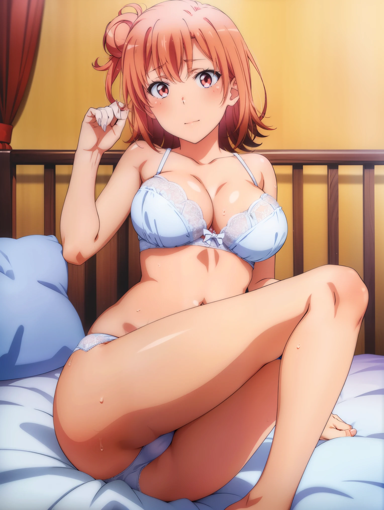 1 girl,(bed),(Yuigahama Yui),big breasts,,(sleep),Sweat,(embarrassed face),feet,calf,feet首,(feetの指)(pussy cameltoe:1.0),(white bra),((My panties get wet with my love juices)),(stain on panties:1.0),Pussy,(White ruffled panties),