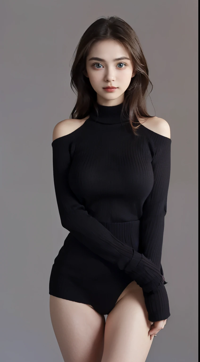 high quality, Draw details, (Composition from head to crotch, Turn your face to us:1.5), Masterpiece, ultra high resolution, (actual:1.4), original photo, (a small face, beautiful expression, Symmetrical and clean face:1.3), (big eyes:1.5), (beautiful eye details:1.5), cute little, (Smile:1) rest (Brown, long:1.5), ( young woman, alone:1.5), (Breasts in good shape, huge breasts:2), (fair and clean skin:1.5), (一个修long:2), (Slender figure, thin waist, big breasts thin waist, Thin arms, slim legs, thin neck, thin shoulders:1.7), (Boss, Dores, black sweater:1.8) rest (simple gray gradient background:1.Cephalic body, Beautiful body lines:1.7),