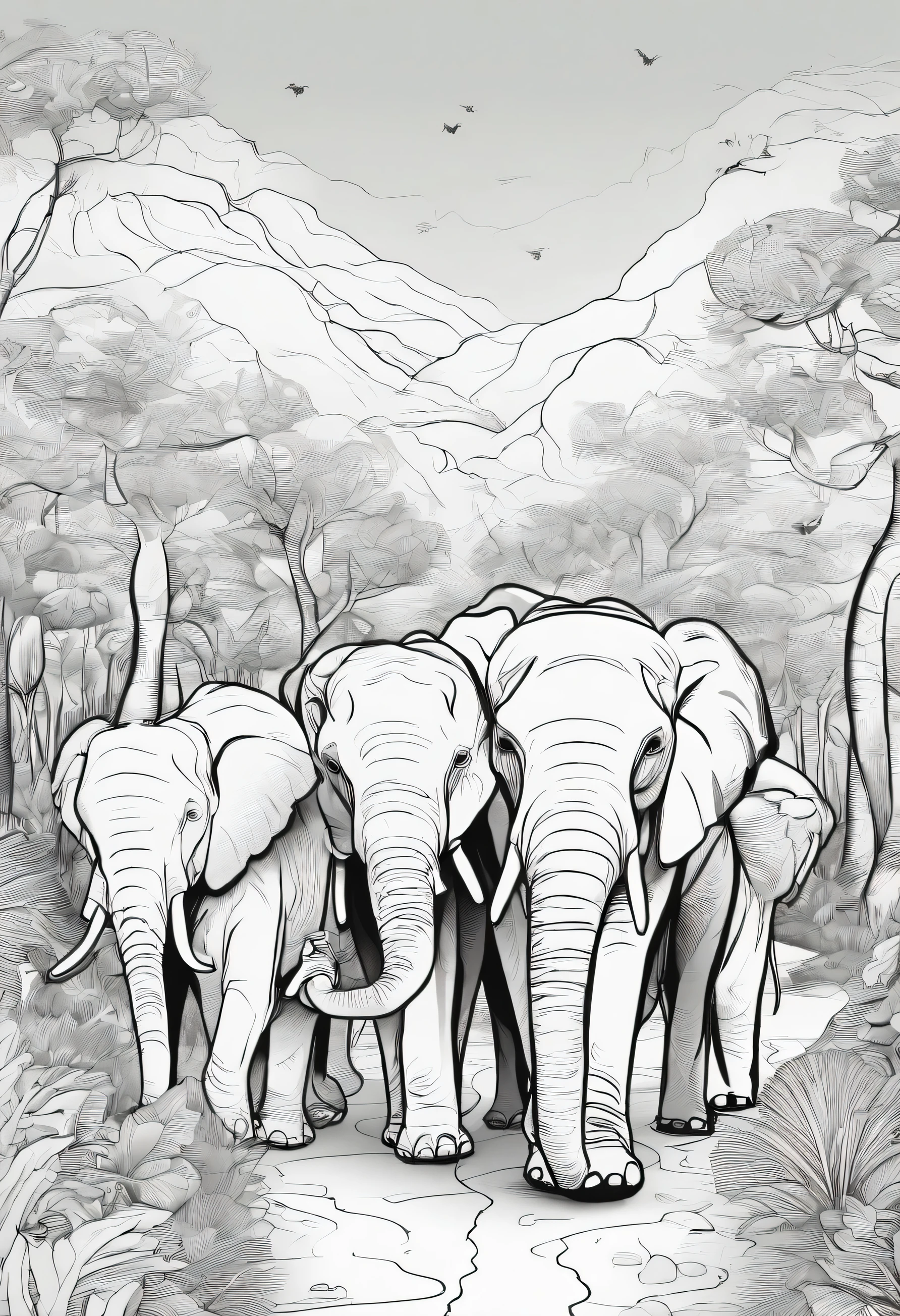 group of elephants walking in a pathway line art cartoon character in high quality