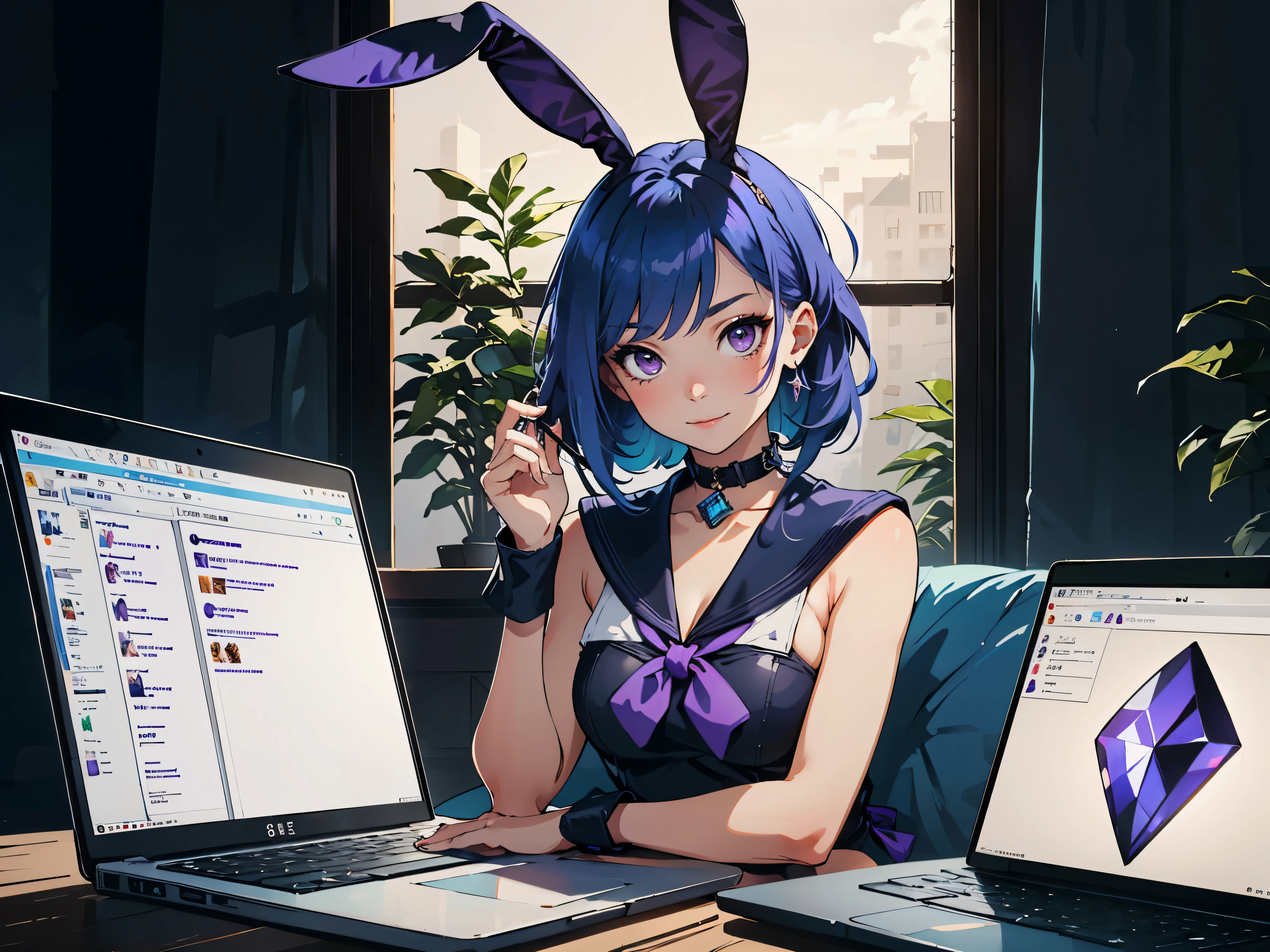 Girl with gaming headset，Handheld high-end tablet ，Delicate skirt，Very good figure，Rabbit ears，Furry tail，having fun，