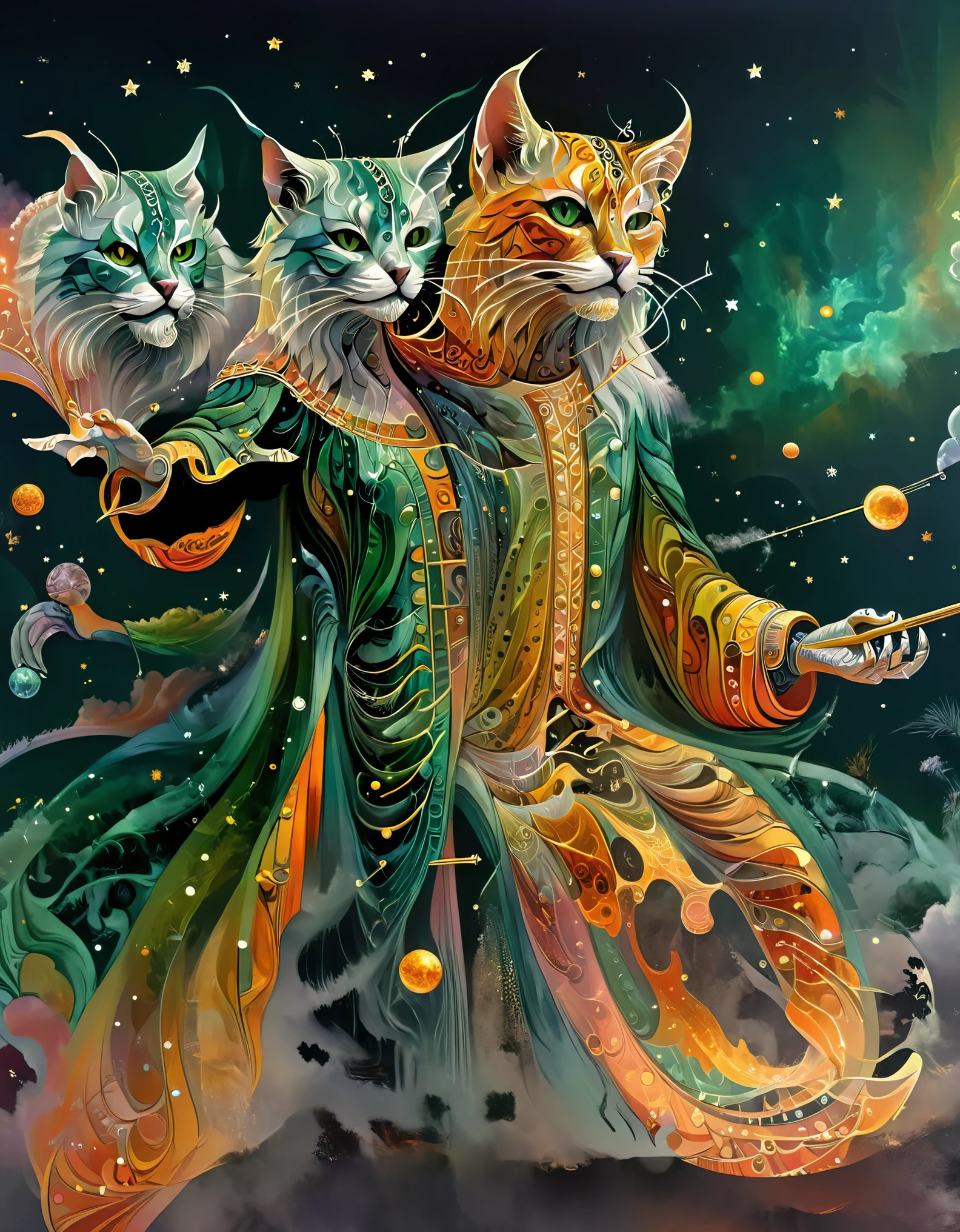 (Magic Giant Formation), highly unified CG design, 3D renderings, mysterious geometric shapes, clear focus, (Transparent Ghost Face Magician floating in front of the Twelve Constellations Magic Formation), (Beautiful Nine Armed Witch: 0.85), (Dragging various constellation symbols and magic balls and crows with each arm: 0.65), orange big cat, especially charming green eyes, robe, (Green Dragon Crescent Blade: 0.), (Carving Long Sword) Clear Mobius rings, massive black holes, collapse of heaven and earth, clear magical symbols, combination magic arrays, transformation of matter and non-matter, golden cultivation, complex combination rituals, using Mike Winkelman style, surrealism, surrealism, surreal digital art, visual exaggeration, cyberpunk, nanopunk, circuit, lighting painting, Aries, etc, ♈ , Taurus, ♉ , Gemini, ♊ , Cancer, ♋ , Scorpio, ♏ , Libra, ♎ , Virgo, ♍ , Leo, ♌ Ah, Sagittarius ♐ , Capricorn, ♑ , Aquarius, ♒ , Pisces, ♓ , Unreal,