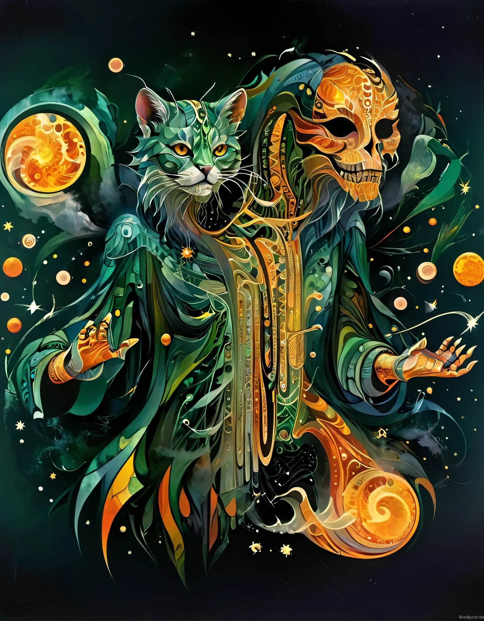 A painting of a cat with a skull and a human body - SeaArt AI