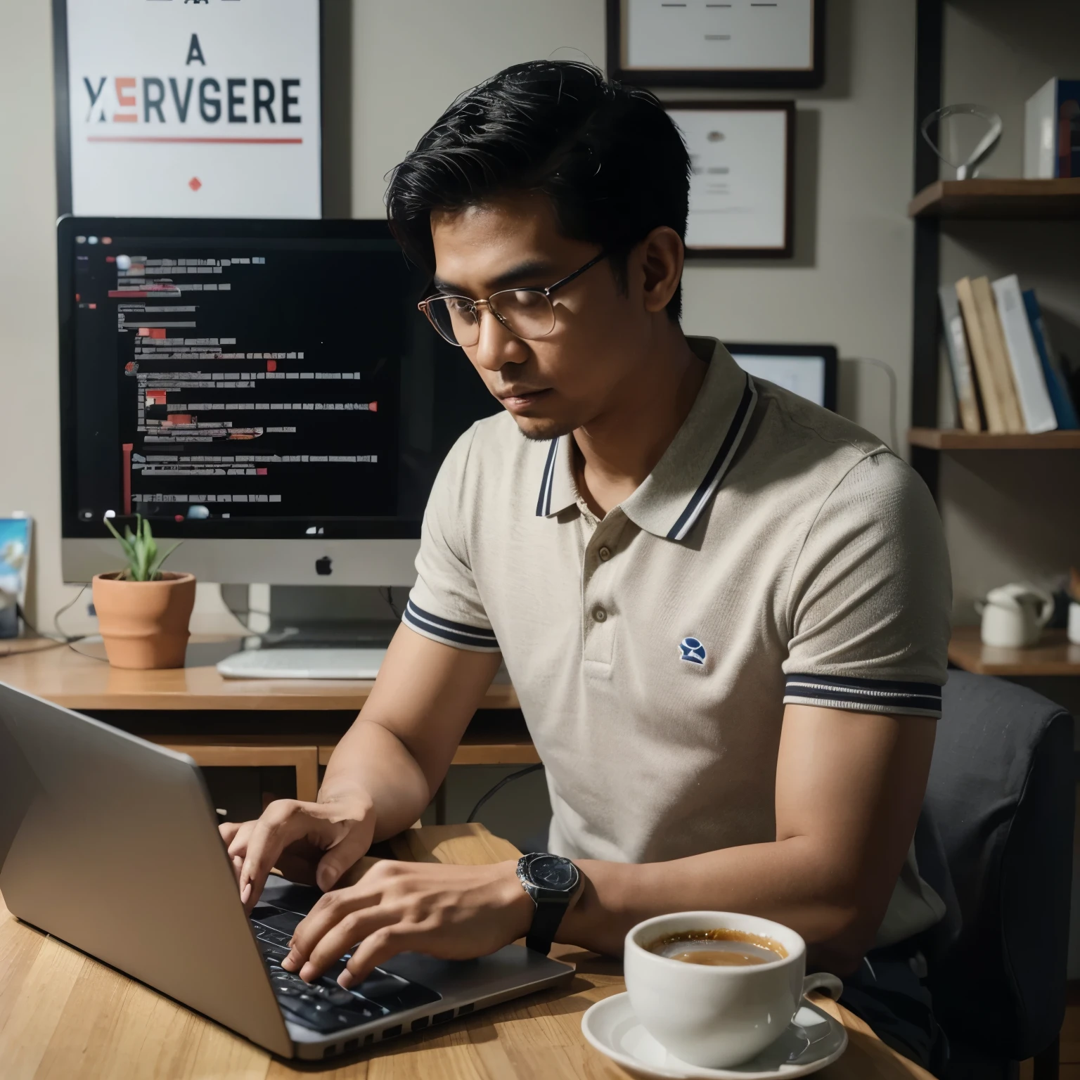 Fotografi seorang pria Indonesia usia 34 tahun, berkacamata, sedang menatap laptop sambil membuat program coding. Diatas meja ada segelas kopi susu. Menggunakan kaos polo berkerah dan celana Chino hitam. Latar belakang ruang kerja yang estetik, di dinding terdapat hasil karya teknologi AI.