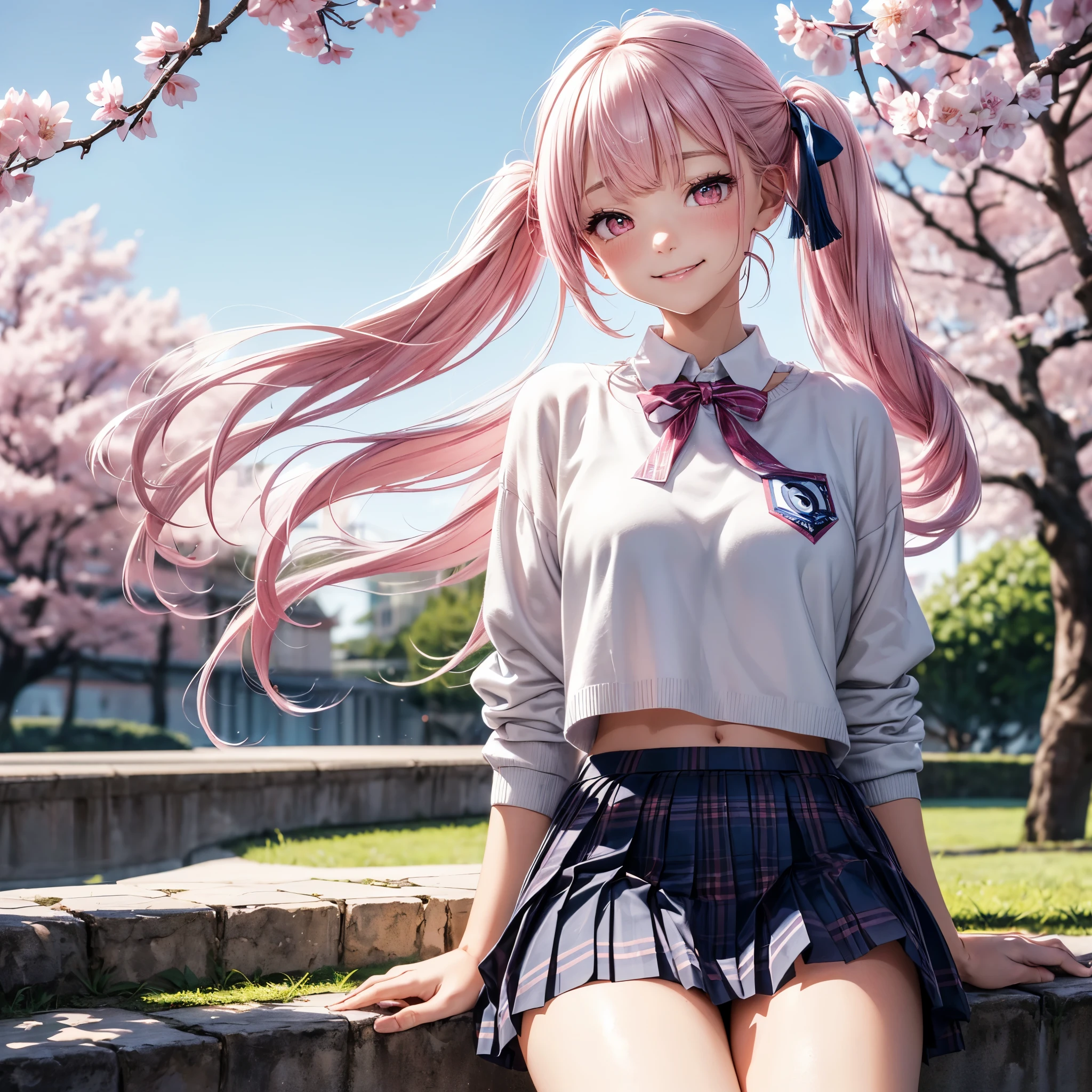 (8K, masutepiece, Highest Quality, Best Quality, Official art, Breathtaking beauty and aesthetics, A highly detailed, The best masterpiece in history that exceeds limits, Breathtaking and beautiful lighting:1.2), (1 Absolute Beautiful Girl, Solo:1.5), sixteen years old, (shiny white skin), (pink twin tail hair, Bangs:1.3), (adolable big pink eyes, drooing eyes:1.5), (high school uniform, long white sweater, pastel blue Plaid pleated skirt, super precision embroidery, pastel blue ribbon:1.3), (slightly larger bust) , (happy smile, Beautiful smile, Gentle smile, cute smile, innocent smile like an angel:1.2), (Attractive, amazing, Beautiful, Elegant, Luxurious, magnifica, Happy, Eye-catching, the ultimate beauty, Supreme Beauty, Superlative beauty, Elegant, Graceful, Everyone loves it, Beauty that fascinates everyone, Healed, The highest level of complete beauty, cute like an idol, Stylish like a fashion model, Goddess-like grace, Be loved, cute little, adolable), Look at the camera, cute little pose, breathtaking scenery, (high school, blue-sky, morning, good morning, spring, cherry blossoms, graduation:1.3),