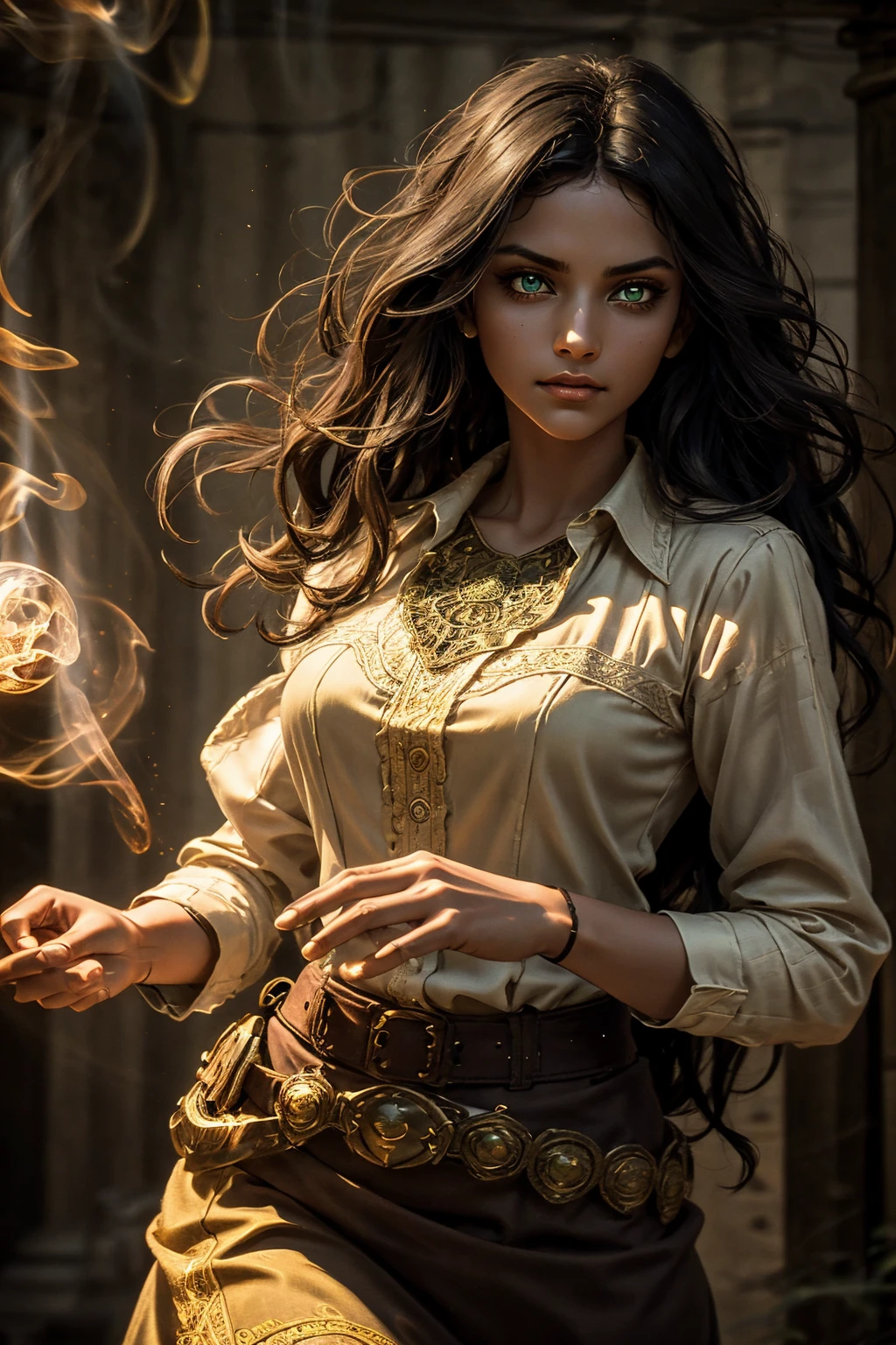 A stunning South-Indian woman, olive-skinned woman, Indian beauty, with bright green eyes, standing in swirling black smoke, with dark brown-black long wavy hair, mesmerizing features with a scary expression, finely detailed eyes, angry mood masterpiece, top quality, best quality, official art, beautiful and aesthetic:1.2), (1girl), extreme detailed,(fractal art:1.3), colorful, highest detailed, (masterpiece, best quality:1.3) professional digital painting, Unreal Engine 5. Wearing a black-buttoned-up military-trench coat. Scary void dripping from body and face black magic swirling around. Black smoke swirled around her. Purple-tinted background. In a 1920 setting, at a farm, wearing 1930 style clothing, , masterpiece, top quality, best quality, official art, beautiful and aesthetic:1.2), (1girl), extreme detailed,(fractal art:1.3), yellow, orange, pink, purple, highest detailed, (masterpiece, best quality:1.3) 1 green-eyed woman, professional digital painting, Unreal Engine 5. Wearing linen blouse, Wearing long skirt, Long hair, hopeful expression, finely detailed eyes, smiling, epic scene, epic composition, Cinematic Lighting, Volumetric Lighting, ethereal light, intricate details, extremely detailed volumetric rays. Green Eyes. [Beautiful girl, linen shirt and pants, oil painting, Detailed facial features, Sunlight, bright colors, dramatic lighting, expressive eyes and lips, High Resolution]

