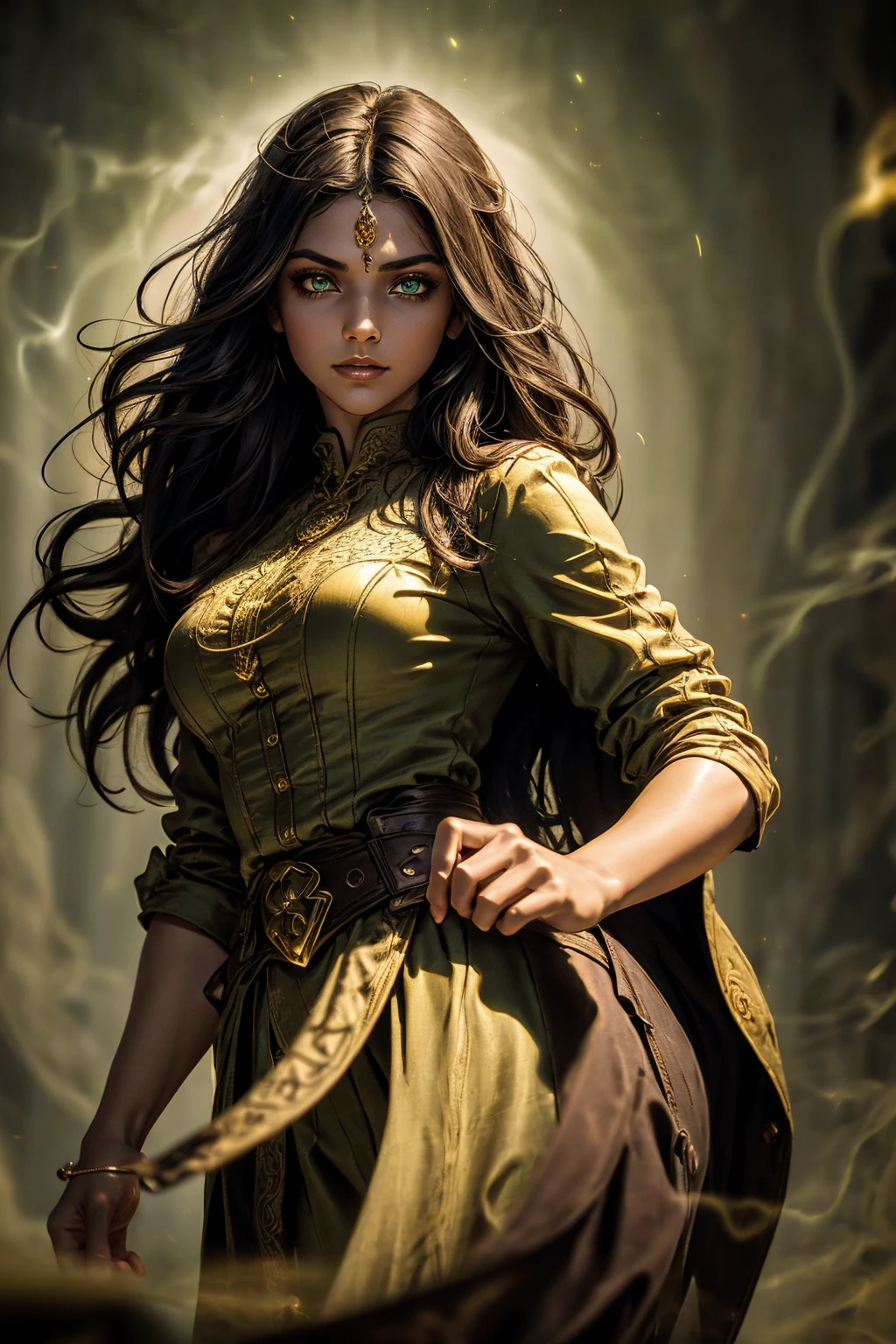 A stunning South-Indian woman, olive-skinned woman, Indian beauty, with bright green eyes, standing in swirling black smoke, with dark brown-black long wavy hair, mesmerizing features with a scary expression, finely detailed eyes, angry mood masterpiece, top quality, best quality, official art, beautiful and aesthetic:1.2), (1girl), extreme detailed,(fractal art:1.3), colorful, highest detailed, (masterpiece, best quality:1.3) professional digital painting, Unreal Engine 5. Wearing a black-buttoned-up military-trench coat. Scary void dripping from body and face black magic swirling around. Black smoke swirled around her. Purple-tinted background. In a 1920 setting, at a farm, wearing 1930 style clothing, , masterpiece, top quality, best quality, official art, beautiful and aesthetic:1.2), (1girl), extreme detailed,(fractal art:1.3), yellow, orange, pink, purple, highest detailed, (masterpiece, best quality:1.3) 1 green-eyed woman, professional digital painting, Unreal Engine 5. Wearing linen blouse, Wearing long skirt, Long hair, hopeful expression, finely detailed eyes, smiling, epic scene, epic composition, Cinematic Lighting, Volumetric Lighting, ethereal light, intricate details, extremely detailed volumetric rays. Green Eyes. [Beautiful girl, linen shirt and pants, oil painting, Detailed facial features, Sunlight, bright colors, dramatic lighting, expressive eyes and lips, High Resolution]
