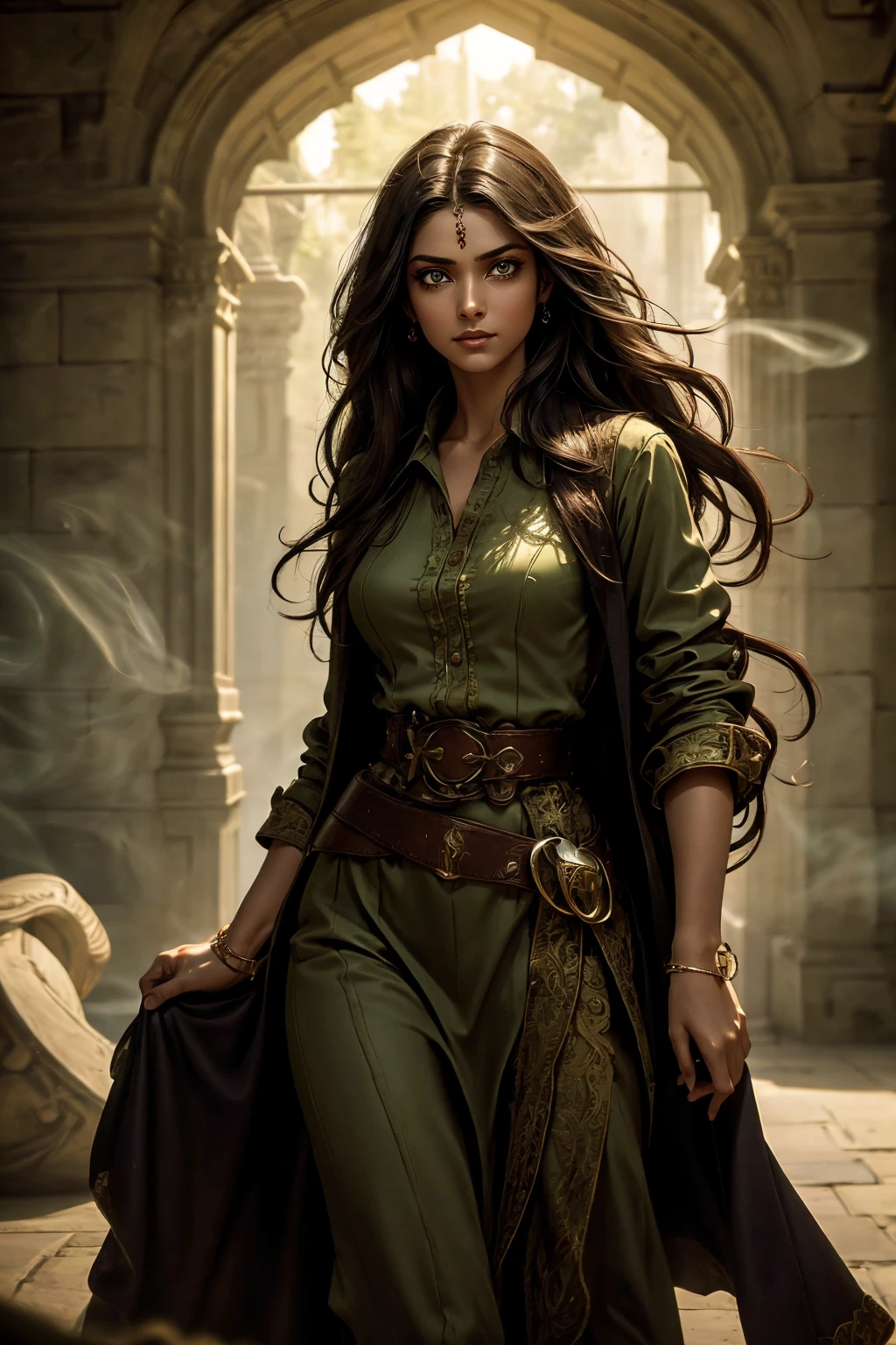 A stunning South-Indian woman, olive-skinned woman, Indian beauty, with bright green eyes, standing in swirling black smoke, with dark brown-black long wavy hair, mesmerizing features with a scary expression, finely detailed eyes, angry mood masterpiece, top quality, best quality, official art, beautiful and aesthetic:1.2), (1girl), extreme detailed,(fractal art:1.3), colorful, highest detailed, (masterpiece, best quality:1.3) professional digital painting, Unreal Engine 5. Wearing a black-buttoned-up military-trench coat. Scary void dripping from body and face black magic swirling around. Black smoke swirled around her. Purple-tinted background. In a 1920 setting, at a farm, wearing 1930 style clothing, , masterpiece, top quality, best quality, official art, beautiful and aesthetic:1.2), (1girl), extreme detailed,(fractal art:1.3), yellow, orange, pink, purple, highest detailed, (masterpiece, best quality:1.3) 1 green-eyed woman, professional digital painting, Unreal Engine 5. Wearing linen blouse, Wearing long skirt, Long hair, hopeful expression, finely detailed eyes, smiling, epic scene, epic composition, Cinematic Lighting, Volumetric Lighting, ethereal light, intricate details, extremely detailed volumetric rays. Green Eyes. [Beautiful girl, linen shirt and pants, oil painting, Detailed facial features, Sunlight, bright colors, dramatic lighting, expressive eyes and lips, High Resolution]
