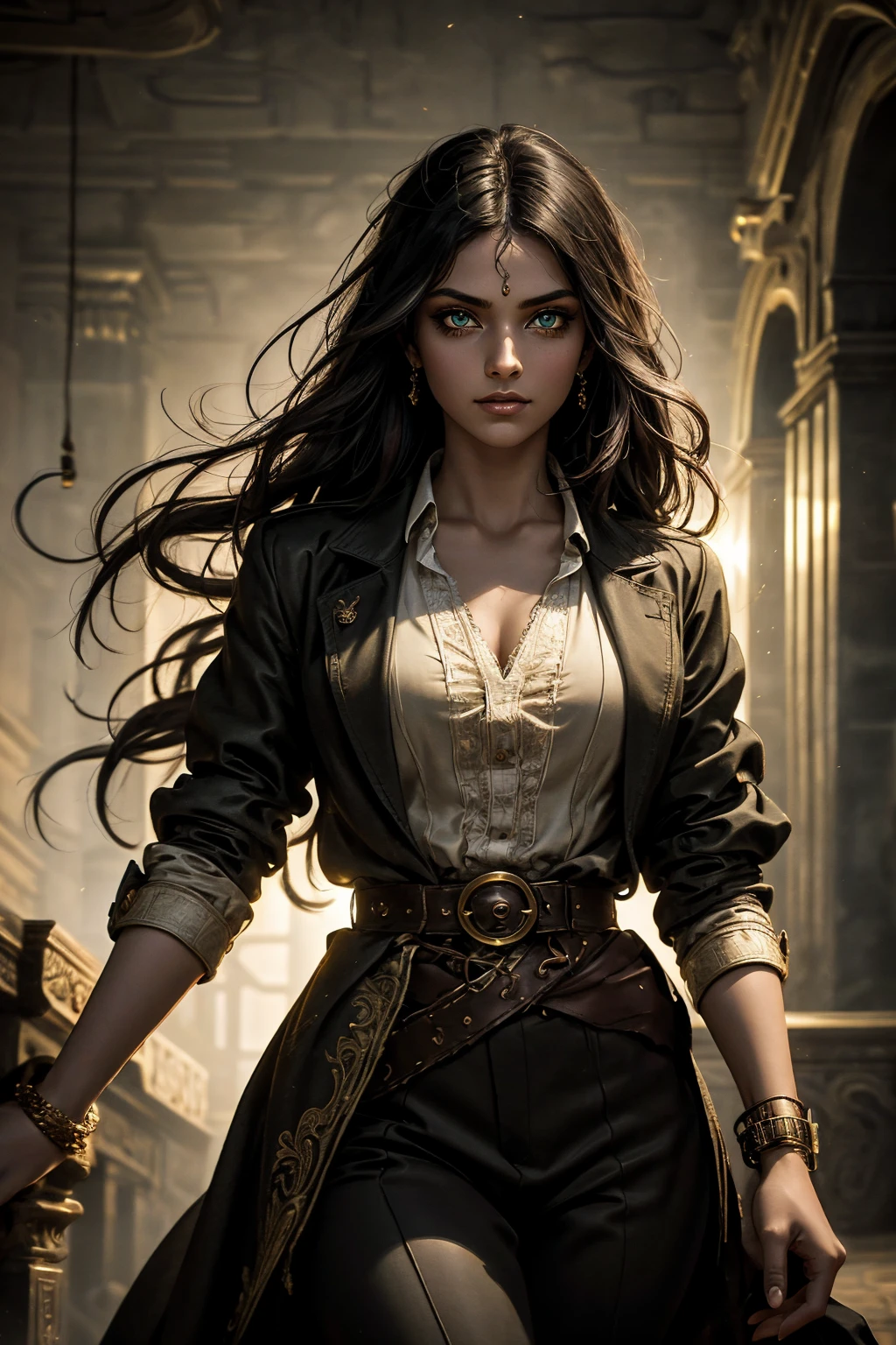A stunning South-Indian woman, olive-skinned woman, Indian beauty, with bright green eyes, standing in swirling black smoke, with dark brown-black long wavy hair, mesmerizing features with a scary expression, finely detailed eyes, angry mood masterpiece, top quality, best quality, official art, beautiful and aesthetic:1.2), (1girl), extreme detailed,(fractal art:1.3), colorful, highest detailed, (masterpiece, best quality:1.3) professional digital painting, Unreal Engine 5. Wearing a black-buttoned-up military-trench coat. Scary void dripping from body and face black magic swirling around. Black smoke swirled around her. Purple-tinted background. In a 1920 setting, at a farm, wearing 1930 style clothing, , masterpiece, top quality, best quality, official art, beautiful and aesthetic:1.2), (1girl), extreme detailed,(fractal art:1.3), yellow, orange, pink, purple, highest detailed, (masterpiece, best quality:1.3) 1 green-eyed woman, professional digital painting, Unreal Engine 5. Wearing linen blouse, Wearing long skirt, Long hair, hopeful expression, finely detailed eyes, smiling, epic scene, epic composition, Cinematic Lighting, Volumetric Lighting, ethereal light, intricate details, extremely detailed volumetric rays. Green Eyes. [Beautiful girl, linen shirt and pants, oil painting, Detailed facial features, Sunlight, bright colors, dramatic lighting, expressive eyes and lips, High Resolution]

