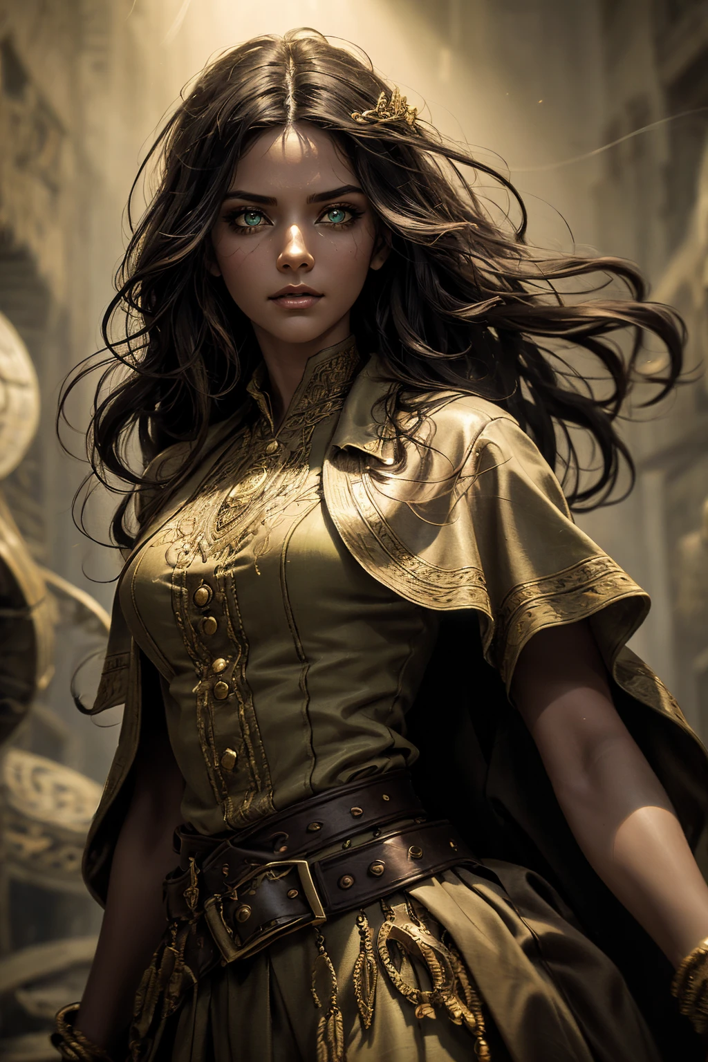 A stunning South-Indian woman, olive-skinned woman, Indian beauty, with bright green eyes, standing in swirling black smoke, with dark brown-black long wavy hair, mesmerizing features with a scary expression, finely detailed eyes, angry mood masterpiece, top quality, best quality, official art, beautiful and aesthetic:1.2), (1girl), extreme detailed,(fractal art:1.3), colorful, highest detailed, (masterpiece, best quality:1.3) professional digital painting, Unreal Engine 5. Wearing a black-buttoned-up military-trench coat. Scary void dripping from body and face black magic swirling around. Black smoke swirled around her. Purple-tinted background. In a 1920 setting, at a farm, wearing 1930 style clothing, , masterpiece, top quality, best quality, official art, beautiful and aesthetic:1.2), (1girl), extreme detailed,(fractal art:1.3), yellow, orange, pink, purple, highest detailed, (masterpiece, best quality:1.3) 1 green-eyed woman, professional digital painting, Unreal Engine 5. Wearing linen blouse, Wearing long skirt, Long hair, hopeful expression, finely detailed eyes, smiling, epic scene, epic composition, Cinematic Lighting, Volumetric Lighting, ethereal light, intricate details, extremely detailed volumetric rays. Green Eyes. [Beautiful girl, linen shirt and pants, oil painting, Detailed facial features, Sunlight, bright colors, dramatic lighting, expressive eyes and lips, High Resolution]
