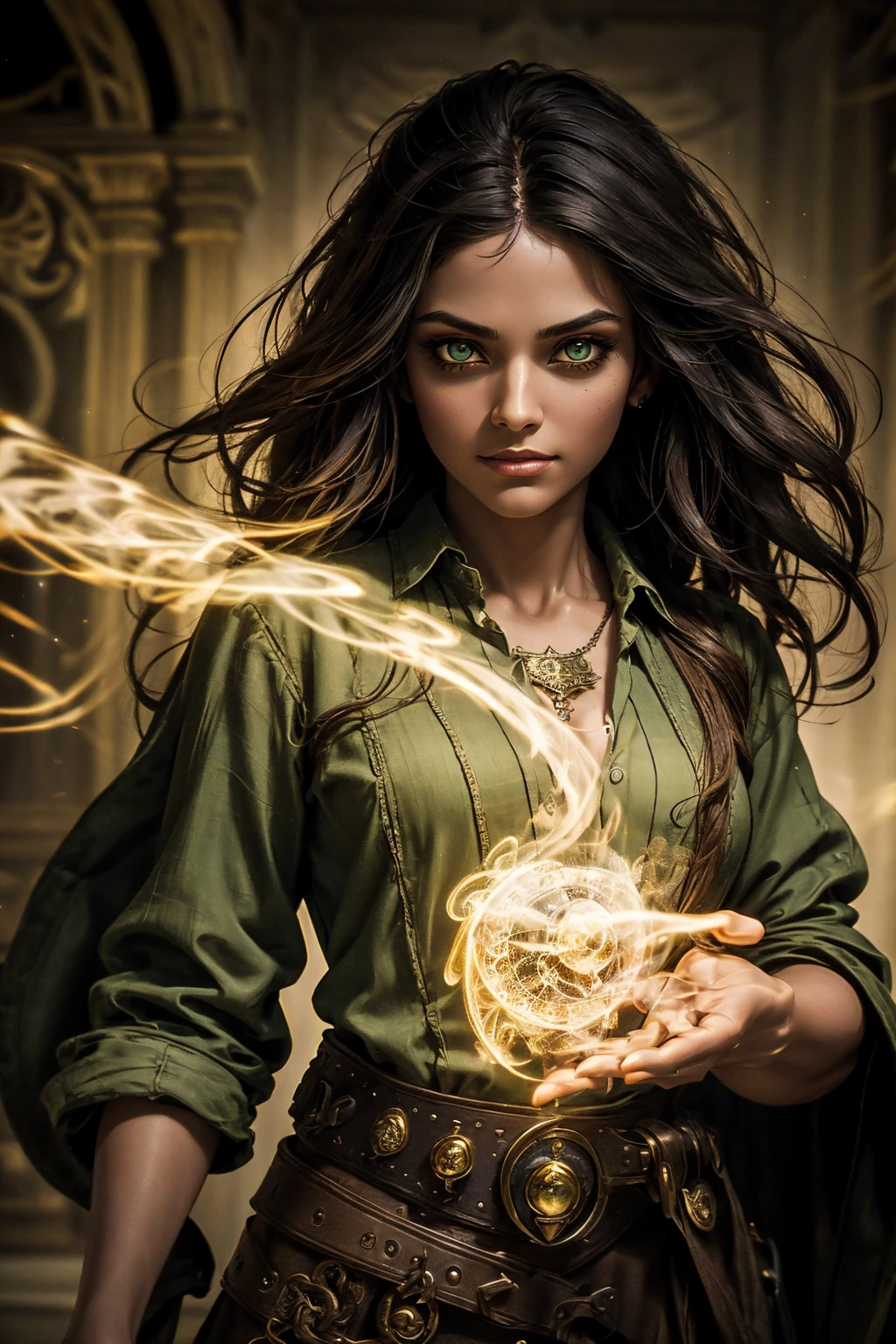 A stunning South-Indian woman, olive-skinned woman, Indian beauty, with bright green eyes, standing in swirling black smoke, with dark brown-black long wavy hair, mesmerizing features with a scary expression, finely detailed eyes, angry mood masterpiece, top quality, best quality, official art, beautiful and aesthetic:1.2), (1girl), extreme detailed,(fractal art:1.3), colorful, highest detailed, (masterpiece, best quality:1.3) professional digital painting, Unreal Engine 5. Wearing a black-buttoned-up military-trench coat. Scary void dripping from body and face black magic swirling around. Black smoke swirled around her. Purple-tinted background. In a 1920 setting, at a farm, wearing 1930 style clothing, , masterpiece, top quality, best quality, official art, beautiful and aesthetic:1.2), (1girl), extreme detailed,(fractal art:1.3), yellow, orange, pink, purple, highest detailed, (masterpiece, best quality:1.3) 1 green-eyed woman, professional digital painting, Unreal Engine 5. Wearing linen blouse, Wearing long skirt, Long hair, hopeful expression, finely detailed eyes, smiling, epic scene, epic composition, Cinematic Lighting, Volumetric Lighting, ethereal light, intricate details, extremely detailed volumetric rays. Green Eyes. [Beautiful girl, linen shirt and pants, oil painting, Detailed facial features, Sunlight, bright colors, dramatic lighting, expressive eyes and lips, High Resolution]
