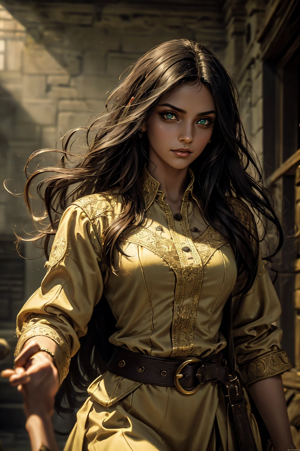 A stunning South-Indian woman, olive-skinned woman, Indian beauty, with bright green eyes, standing in swirling black smoke, with dark brown-black long wavy hair, mesmerizing features with a scary expression, finely detailed eyes, angry mood masterpiece, top quality, best quality, official art, beautiful and aesthetic:1.2), (1girl), extreme detailed,(fractal art:1.3), colorful, highest detailed, (masterpiece, best quality:1.3) professional digital painting, Unreal Engine 5. Wearing a black-buttoned-up military-trench coat. Scary void dripping from body and face black magic swirling around. Black smoke swirled around her. Purple-tinted background. In a 1920 setting, at a farm, wearing 1930 style clothing, , masterpiece, top quality, best quality, official art, beautiful and aesthetic:1.2), (1girl), extreme detailed,(fractal art:1.3), yellow, orange, pink, purple, highest detailed, (masterpiece, best quality:1.3) 1 green-eyed woman, professional digital painting, Unreal Engine 5. Wearing linen blouse, Wearing long skirt, Long hair, hopeful expression, finely detailed eyes, smiling, epic scene, epic composition, Cinematic Lighting, Volumetric Lighting, ethereal light, intricate details, extremely detailed volumetric rays. Green Eyes. [Beautiful girl, linen shirt and pants, oil painting, Detailed facial features, Sunlight, bright colors, dramatic lighting, expressive eyes and lips, High Resolution]
