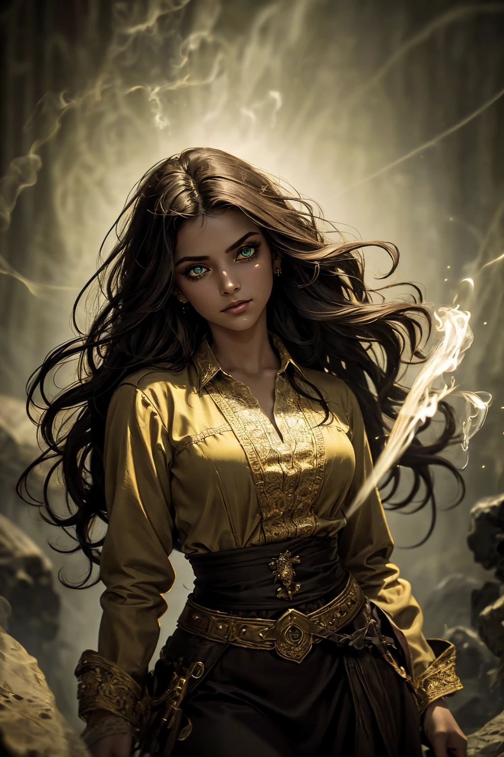A stunning South-Indian woman, olive-skinned woman, Indian beauty, with bright green eyes, standing in swirling black smoke, with dark brown-black long wavy hair, mesmerizing features with a scary expression, finely detailed eyes, angry mood masterpiece, top quality, best quality, official art, beautiful and aesthetic:1.2), (1girl), extreme detailed,(fractal art:1.3), colorful, highest detailed, (masterpiece, best quality:1.3) professional digital painting, Unreal Engine 5. Wearing a black-buttoned-up military-trench coat. Scary void dripping from body and face black magic swirling around. Black smoke swirled around her. Purple-tinted background. In a 1920 setting, at a farm, wearing 1930 style clothing, , masterpiece, top quality, best quality, official art, beautiful and aesthetic:1.2), (1girl), extreme detailed,(fractal art:1.3), yellow, orange, pink, purple, highest detailed, (masterpiece, best quality:1.3) 1 green-eyed woman, professional digital painting, Unreal Engine 5. Wearing linen blouse, Wearing long skirt, Long hair, hopeful expression, finely detailed eyes, smiling, epic scene, epic composition, Cinematic Lighting, Volumetric Lighting, ethereal light, intricate details, extremely detailed volumetric rays. Green Eyes. [Beautiful girl, linen shirt and pants, oil painting, Detailed facial features, Sunlight, bright colors, dramatic lighting, expressive eyes and lips, High Resolution]
