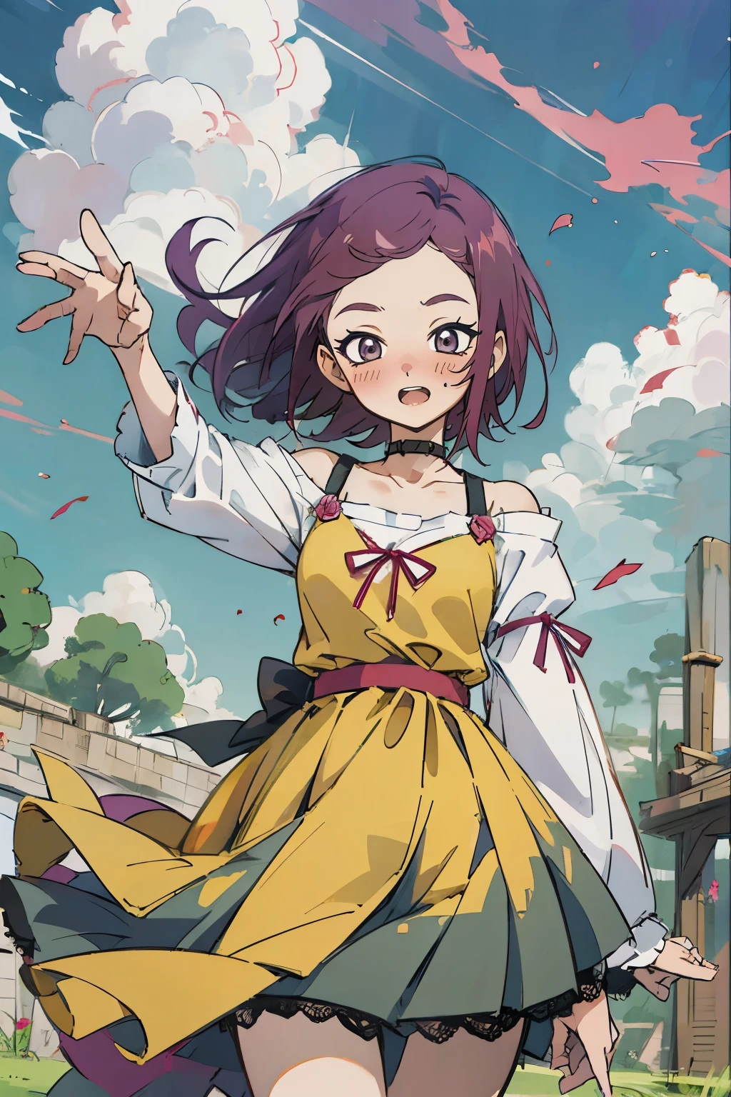 Kisho, jigokuraku, 1 girl, reddish Purple hair, Gray eyes, showa town, Ruins, Bang, Beautiful sky, shining sky, Sunshine, Smiling, Waving, Black Belts, black choker, Dresses that blow the wind, black Lace dress, wool sweaters, Off-shoulder sleeves