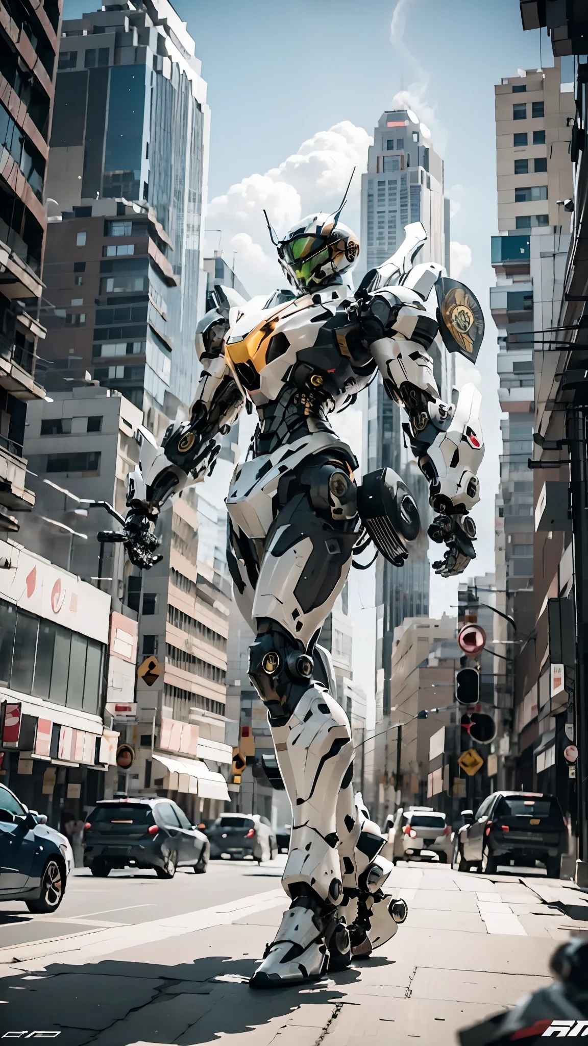 best quality，masterpiece，16k，Giant mecha,Vital Suits,building,Car tire structure feet,car,city,city lights,cityscape,cloud,day,destruction,east asian architecture,ground vehicle,Complex mecha structure,Looking up,Multicolored mecha,Half squat posture,full body,Super complex mechanical structure,mecha,outdoors,radio antenna,realistic,road,ruins,science fiction,skyscraper,street,traffic light