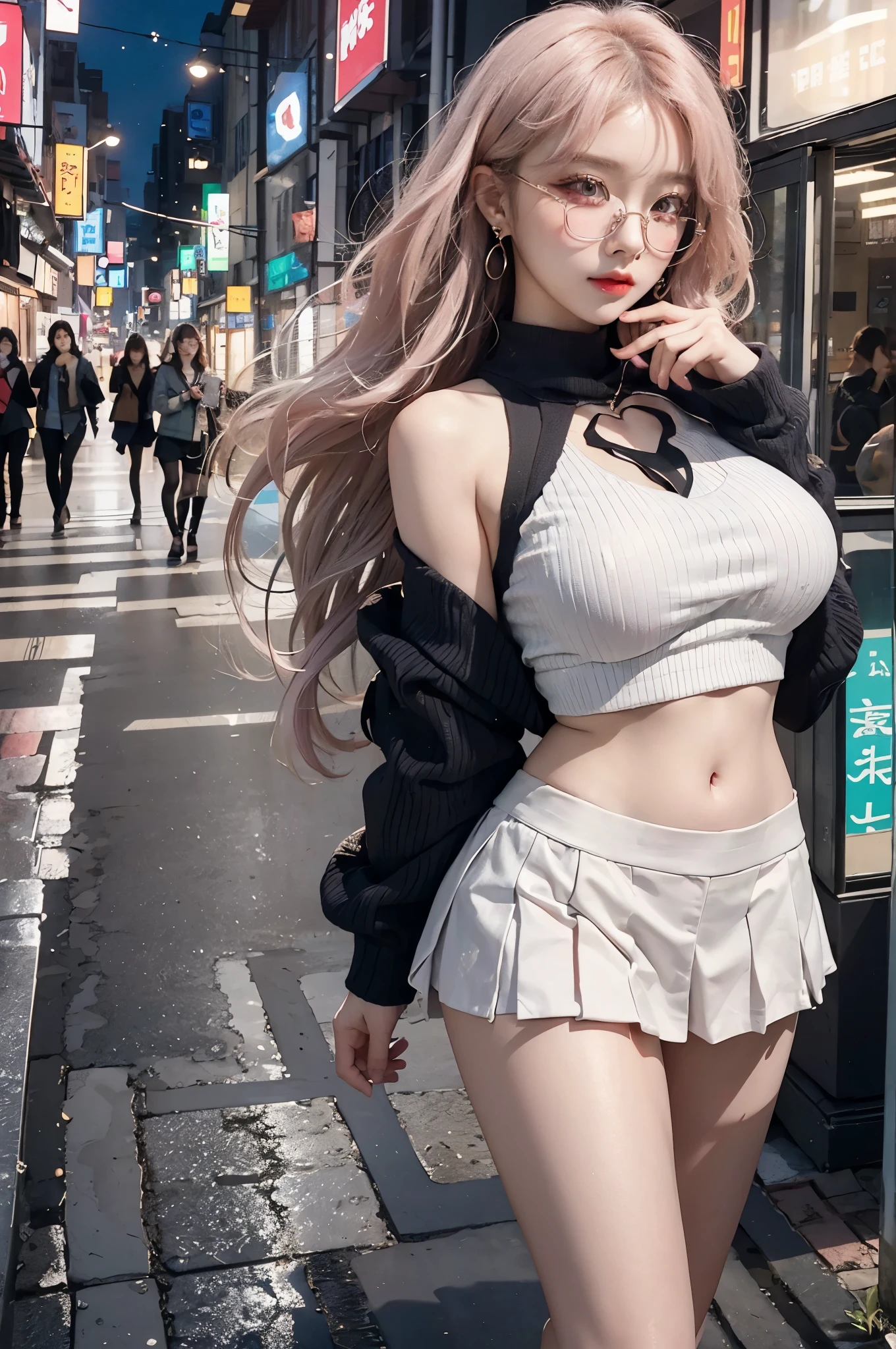 Top image quality、original photography、ultra high resolution、18 years old Korean、glasses beauty、huge :1.5、cleavage:1.6、healthy complexion、Fair and shiny skin、beautiful eyes，random colors、lips are very thin、beautiful eyes细致入微、elongated eyes、pale pink blush、long eyelashes、beautiful double eyelids、eye shadow、earrings、(fashion glasses)