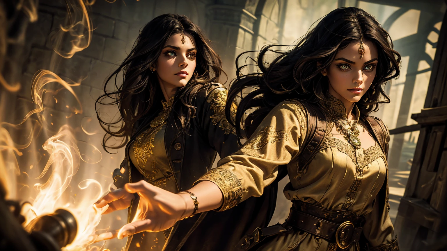 A stunning South-Indian woman, olive-skinned woman, Indian beauty, with bright green eyes, standing in swirling black smoke, with dark brown-black long wavy hair, mesmerizing features with a scary expression, finely detailed eyes, angry mood masterpiece, top quality, best quality, official art, beautiful and aesthetic:1.2), (1girl), extreme detailed,(fractal art:1.3), colorful, highest detailed, (masterpiece, best quality:1.3) professional digital painting, Unreal Engine 5. Wearing a black-buttoned-up military-trench coat. Scary void dripping from body and face black magic swirling around. Black smoke swirled around her. Purple-tinted background. In a 1920 setting, at a farm, wearing 1930 style clothing, , masterpiece, top quality, best quality, official art, beautiful and aesthetic:1.2), (1girl), extreme detailed,(fractal art:1.3), yellow, orange, pink, purple, highest detailed, (masterpiece, best quality:1.3) 1 green-eyed woman, professional digital painting, Unreal Engine 5. Wearing linen blouse, Wearing long skirt, Long hair, hopeful expression, finely detailed eyes, smiling, epic scene, epic composition, Cinematic Lighting, Volumetric Lighting, ethereal light, intricate details, extremely detailed volumetric rays. Green Eyes. [Beautiful girl, linen shirt and pants, oil painting, Detailed facial features, Sunlight, bright colors, dramatic lighting, expressive eyes and lips, High Resolution]
