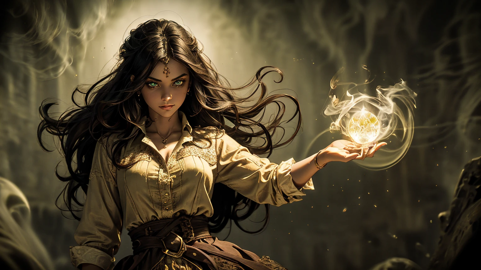 A stunning South-Indian woman, olive-skinned woman, Indian beauty, with bright green eyes, standing in swirling black smoke, with dark brown-black long wavy hair, mesmerizing features with a scary expression, finely detailed eyes, angry mood masterpiece, top quality, best quality, official art, beautiful and aesthetic:1.2), (1girl), extreme detailed,(fractal art:1.3), colorful, highest detailed, (masterpiece, best quality:1.3) professional digital painting, Unreal Engine 5. Wearing a black-buttoned-up military-trench coat. Scary void dripping from body and face black magic swirling around. Black smoke swirled around her. Purple-tinted background. In a 1920 setting, at a farm, wearing 1930 style clothing, , masterpiece, top quality, best quality, official art, beautiful and aesthetic:1.2), (1girl), extreme detailed,(fractal art:1.3), yellow, orange, pink, purple, highest detailed, (masterpiece, best quality:1.3) 1 green-eyed woman, professional digital painting, Unreal Engine 5. Wearing linen blouse, Wearing long skirt, Long hair, hopeful expression, finely detailed eyes, smiling, epic scene, epic composition, Cinematic Lighting, Volumetric Lighting, ethereal light, intricate details, extremely detailed volumetric rays. Green Eyes. [Beautiful girl, linen shirt and pants, oil painting, Detailed facial features, Sunlight, bright colors, dramatic lighting, expressive eyes and lips, High Resolution]

