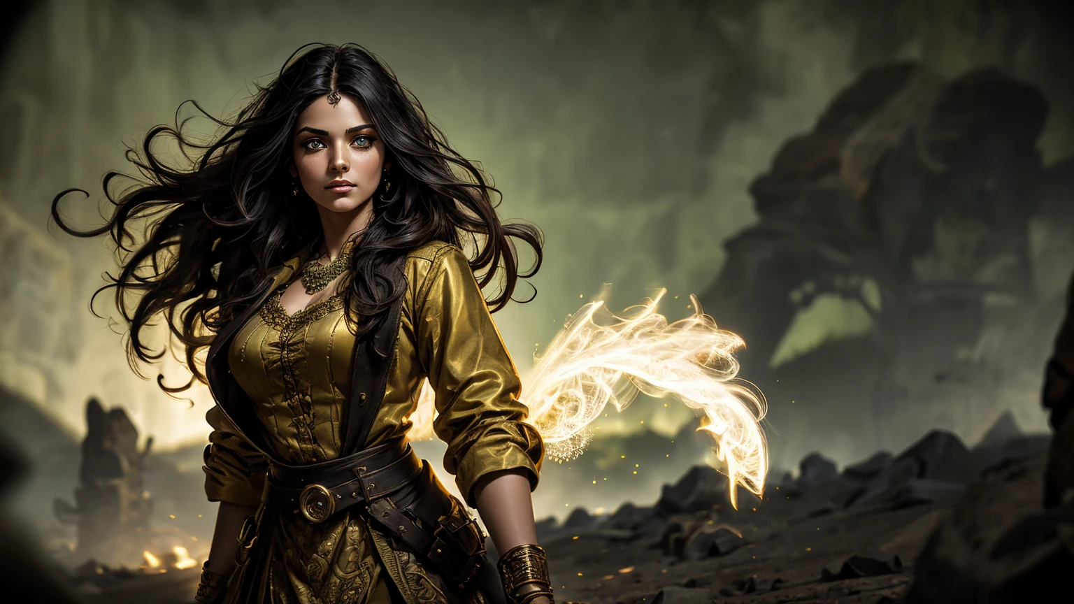 A stunning South-Indian woman, olive-skinned woman, Indian beauty, with bright green eyes, standing in swirling black smoke, with dark brown-black long wavy hair, mesmerizing features with a scary expression, finely detailed eyes, angry mood masterpiece, top quality, best quality, official art, beautiful and aesthetic:1.2), (1girl), extreme detailed,(fractal art:1.3), colorful, highest detailed, (masterpiece, best quality:1.3) professional digital painting, Unreal Engine 5. Wearing a black-buttoned-up military-trench coat. Scary void dripping from body and face black magic swirling around. Black smoke swirled around her. Purple-tinted background. In a 1920 setting, at a farm, wearing 1930 style clothing, , masterpiece, top quality, best quality, official art, beautiful and aesthetic:1.2), (1girl), extreme detailed,(fractal art:1.3), yellow, orange, pink, purple, highest detailed, (masterpiece, best quality:1.3) 1 green-eyed woman, professional digital painting, Unreal Engine 5. Wearing linen blouse, Wearing long skirt, Long hair, hopeful expression, finely detailed eyes, smiling, epic scene, epic composition, Cinematic Lighting, Volumetric Lighting, ethereal light, intricate details, extremely detailed volumetric rays. Green Eyes. [Beautiful girl, linen shirt and pants, oil painting, Detailed facial features, Sunlight, bright colors, dramatic lighting, expressive eyes and lips, High Resolution]
