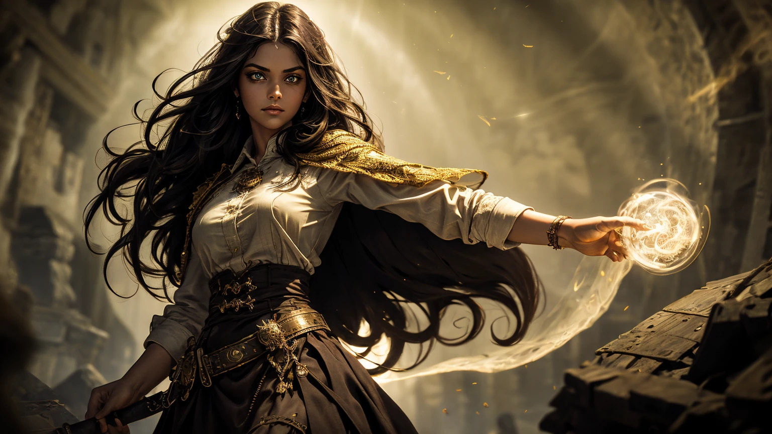 A stunning South-Indian woman, olive-skinned woman, Indian beauty, with bright green eyes, standing in swirling black smoke, with dark brown-black long wavy hair, mesmerizing features with a scary expression, finely detailed eyes, angry mood masterpiece, top quality, best quality, official art, beautiful and aesthetic:1.2), (1girl), extreme detailed,(fractal art:1.3), colorful, highest detailed, (masterpiece, best quality:1.3) professional digital painting, Unreal Engine 5. Wearing a black-buttoned-up military-trench coat. Scary void dripping from body and face black magic swirling around. Black smoke swirled around her. Purple-tinted background. In a 1920 setting, at a farm, wearing 1930 style clothing, , masterpiece, top quality, best quality, official art, beautiful and aesthetic:1.2), (1girl), extreme detailed,(fractal art:1.3), yellow, orange, pink, purple, highest detailed, (masterpiece, best quality:1.3) 1 green-eyed woman, professional digital painting, Unreal Engine 5. Wearing linen blouse, Wearing long skirt, Long hair, hopeful expression, finely detailed eyes, smiling, epic scene, epic composition, Cinematic Lighting, Volumetric Lighting, ethereal light, intricate details, extremely detailed volumetric rays. Green Eyes. [Beautiful girl, linen shirt and pants, oil painting, Detailed facial features, Sunlight, bright colors, dramatic lighting, expressive eyes and lips, High Resolution]
