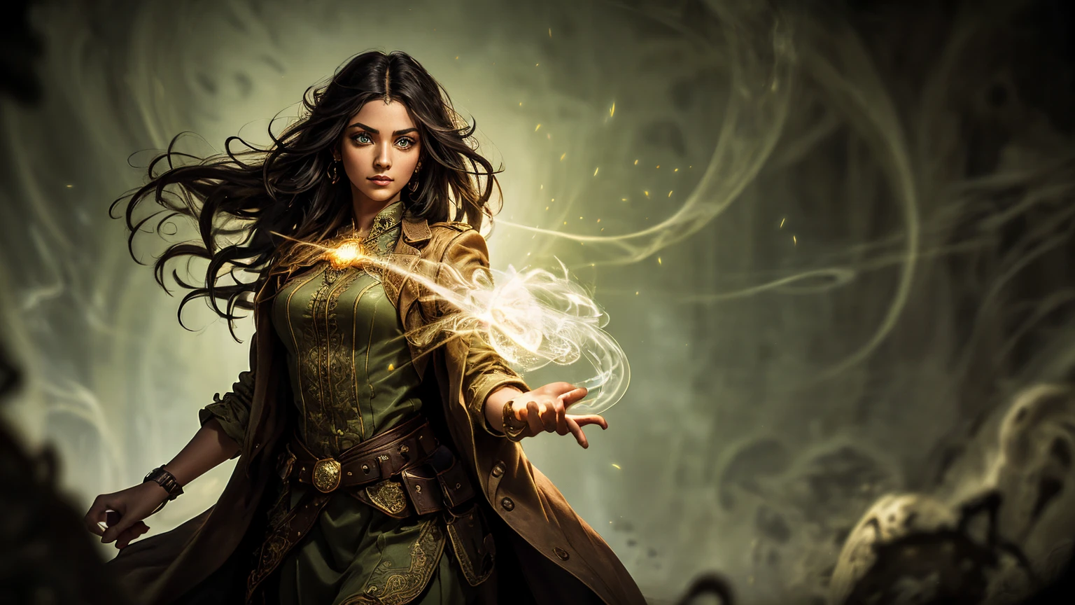 A stunning South-Indian woman, olive-skinned woman, Indian beauty, with bright green eyes, standing in swirling black smoke, with dark brown-black long wavy hair, mesmerizing features with a scary expression, finely detailed eyes, angry mood masterpiece, top quality, best quality, official art, beautiful and aesthetic:1.2), (1girl), extreme detailed,(fractal art:1.3), colorful, highest detailed, (masterpiece, best quality:1.3) professional digital painting, Unreal Engine 5. Wearing a black-buttoned-up military-trench coat. Scary void dripping from body and face black magic swirling around. Black smoke swirled around her. Purple-tinted background. In a 1920 setting, at a farm, wearing 1930 style clothing, , masterpiece, top quality, best quality, official art, beautiful and aesthetic:1.2), (1girl), extreme detailed,(fractal art:1.3), yellow, orange, pink, purple, highest detailed, (masterpiece, best quality:1.3) 1 green-eyed woman, professional digital painting, Unreal Engine 5. Wearing linen blouse, Wearing long skirt, Long hair, hopeful expression, finely detailed eyes, smiling, epic scene, epic composition, Cinematic Lighting, Volumetric Lighting, ethereal light, intricate details, extremely detailed volumetric rays. Green Eyes. [Beautiful girl, linen shirt and pants, oil painting, Detailed facial features, Sunlight, bright colors, dramatic lighting, expressive eyes and lips, High Resolution]
