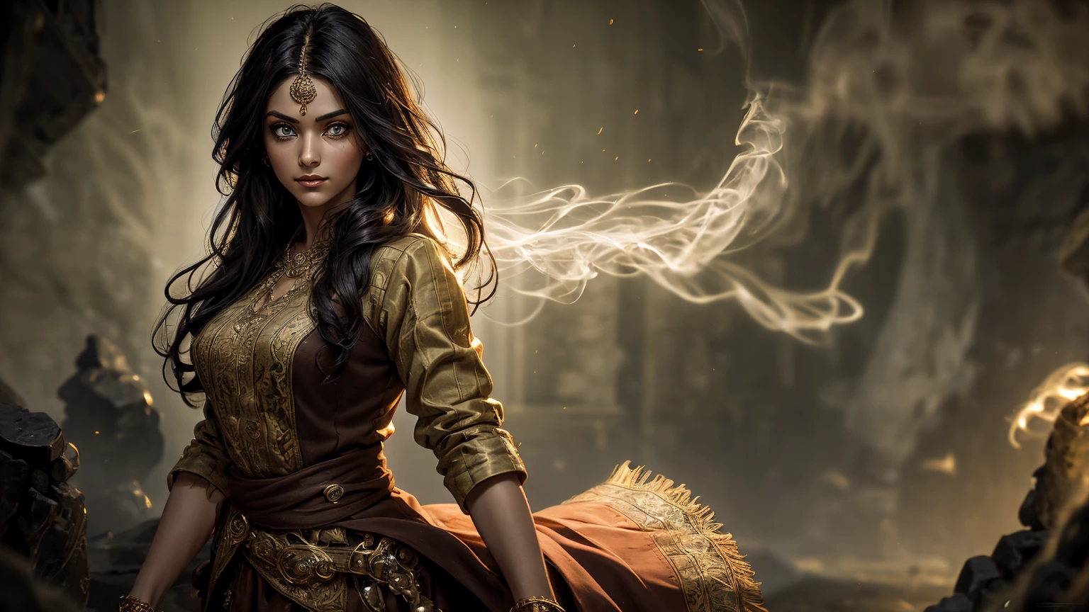 A stunning South-Indian woman, olive-skinned woman, Indian beauty, with bright green eyes, standing in swirling black smoke, with dark brown-black long wavy hair, mesmerizing features with a scary expression, finely detailed eyes, angry mood masterpiece, top quality, best quality, official art, beautiful and aesthetic:1.2), (1girl), extreme detailed,(fractal art:1.3), colorful, highest detailed, (masterpiece, best quality:1.3) professional digital painting, Unreal Engine 5. Wearing a black-buttoned-up military-trench coat. Scary void dripping from body and face black magic swirling around. Black smoke swirled around her. Purple-tinted background. In a 1920 setting, at a farm, wearing 1930 style clothing, , masterpiece, top quality, best quality, official art, beautiful and aesthetic:1.2), (1girl), extreme detailed,(fractal art:1.3), yellow, orange, pink, purple, highest detailed, (masterpiece, best quality:1.3) 1 green-eyed woman, professional digital painting, Unreal Engine 5. Wearing linen blouse, Wearing long skirt, Long hair, hopeful expression, finely detailed eyes, smiling, epic scene, epic composition, Cinematic Lighting, Volumetric Lighting, ethereal light, intricate details, extremely detailed volumetric rays. Green Eyes. [Beautiful girl, linen shirt and pants, oil painting, Detailed facial features, Sunlight, bright colors, dramatic lighting, expressive eyes and lips, High Resolution]
