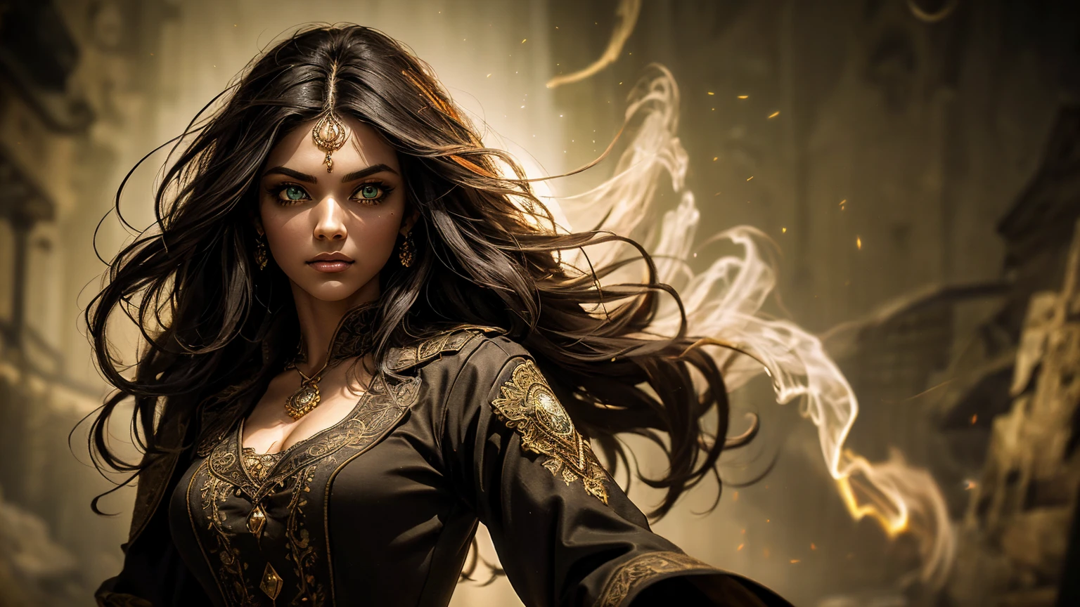 A stunning South-Indian woman, olive-skinned woman, Indian beauty, with bright green eyes, standing in swirling black smoke, with dark brown-black long wavy hair, mesmerizing features with a scary expression, finely detailed eyes, angry mood masterpiece, top quality, best quality, official art, beautiful and aesthetic:1.2), (1girl), extreme detailed,(fractal art:1.3), colorful, highest detailed, (masterpiece, best quality:1.3) professional digital painting, Unreal Engine 5. Wearing a black-buttoned-up military-trench coat. Scary void dripping from body and face black magic swirling around. Black smoke swirled around her. Purple-tinted background. In a 1920 setting, at a farm, wearing 1930 style clothing, , masterpiece, top quality, best quality, official art, beautiful and aesthetic:1.2), (1girl), extreme detailed,(fractal art:1.3), yellow, orange, pink, purple, highest detailed, (masterpiece, best quality:1.3) 1 green-eyed woman, professional digital painting, Unreal Engine 5. Wearing linen blouse, Wearing long skirt, Long hair, hopeful expression, finely detailed eyes, smiling, epic scene, epic composition, Cinematic Lighting, Volumetric Lighting, ethereal light, intricate details, extremely detailed volumetric rays. Green Eyes. [Beautiful girl, linen shirt and pants, oil painting, Detailed facial features, Sunlight, bright colors, dramatic lighting, expressive eyes and lips, High Resolution]
