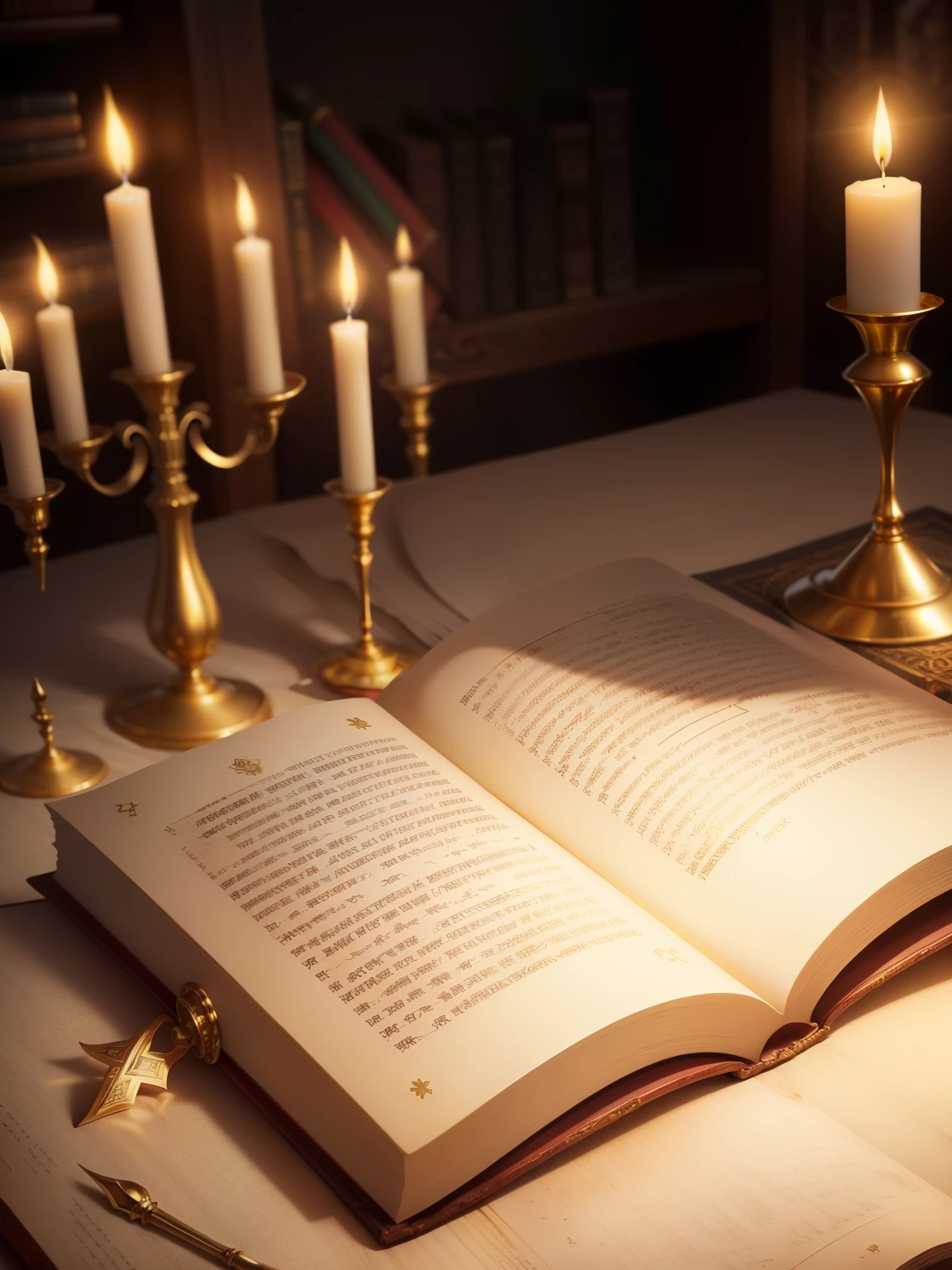 an ancient bible, Candles lit in a gold framed book, open Magic book glowing, Magic book, light with candle, Black magic spells, Holy Fire Spell Art, spelling book, cast a spell wizard, holy fire spell, cast a spell, spell magic, Spells and Magic Weapons, Biblical art lighting, High quality screenshots, com detalhes em ouro, All are gold and silver, Ourusanto 3, 书上的incandescent flame以数字 3 的形式, golden landscape, studded with gold and silver, Landscape with biblical background, art ancient catholic church, symbol for number 3, Ancient Bible, antigo bookstore, Antigo Testamento, um antigo bookstore, all golden biblical landscape,there are many candles, incandescent flame, Write the word Psalm in the book