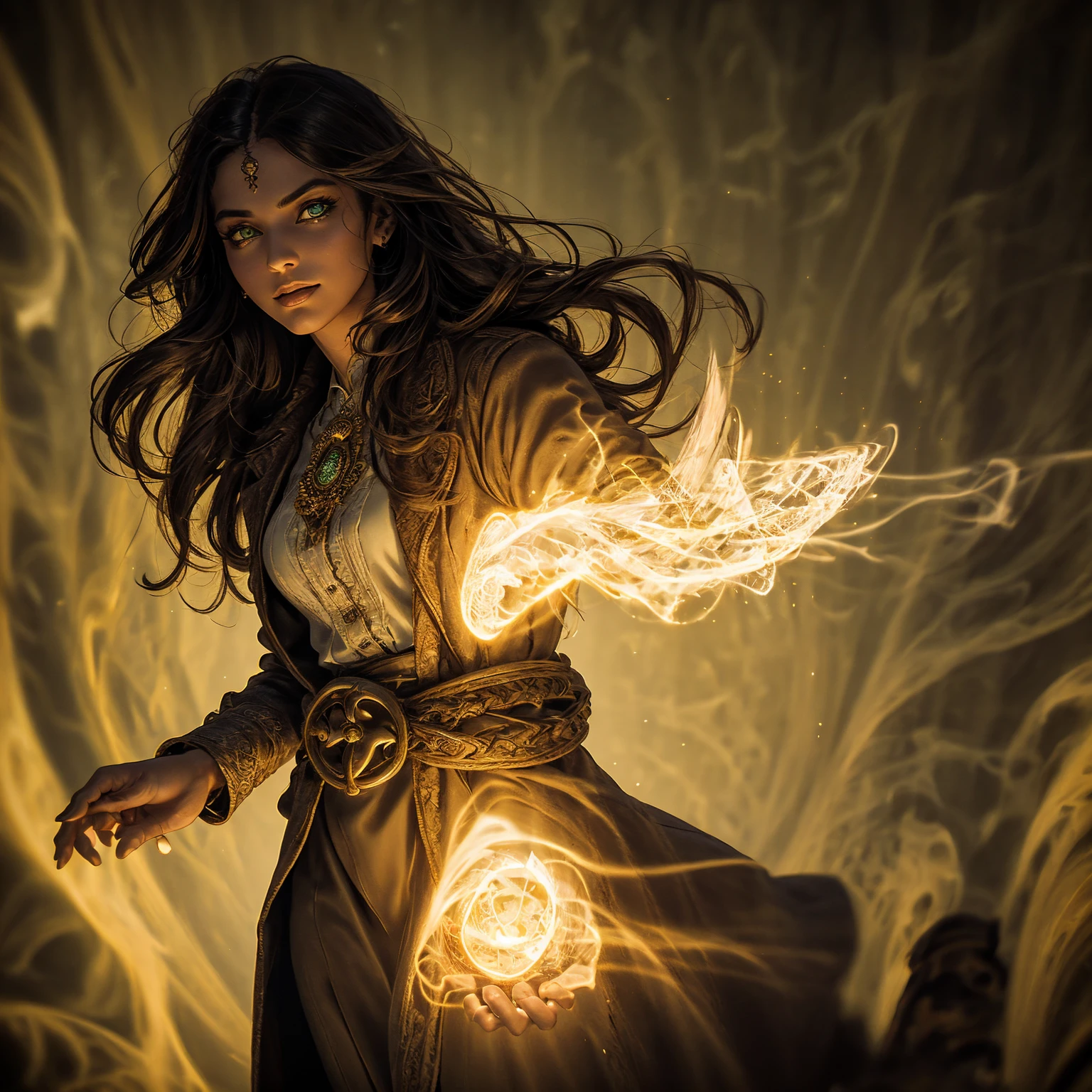 A stunning South-Indian woman, olive-skinned woman, Indian beauty, with bright green eyes, standing in swirling black smoke, with dark brown-black long wavy hair, mesmerizing features with a scary expression, finely detailed eyes, angry mood masterpiece, top quality, best quality, official art, beautiful and aesthetic:1.2), (1girl), extreme detailed,(fractal art:1.3), colorful, highest detailed, (masterpiece, best quality:1.3) professional digital painting, Unreal Engine 5. Wearing a black-buttoned-up military-trench coat. Scary void dripping from body and face black magic swirling around. Black smoke swirled around her. Purple-tinted background. In a 1920 setting, at a farm, wearing 1930 style clothing, , masterpiece, top quality, best quality, official art, beautiful and aesthetic:1.2), (1girl), extreme detailed,(fractal art:1.3), yellow, orange, pink, purple, highest detailed, (masterpiece, best quality:1.3) 1 green-eyed woman, professional digital painting, Unreal Engine 5. Wearing linen blouse, Wearing long skirt, Long hair, hopeful expression, finely detailed eyes, smiling, epic scene, epic composition, Cinematic Lighting, Volumetric Lighting, ethereal light, intricate details, extremely detailed volumetric rays. Green Eyes. [Beautiful girl, linen shirt and pants, oil painting, Detailed facial features, Sunlight, bright colors, dramatic lighting, expressive eyes and lips, High Resolution]
