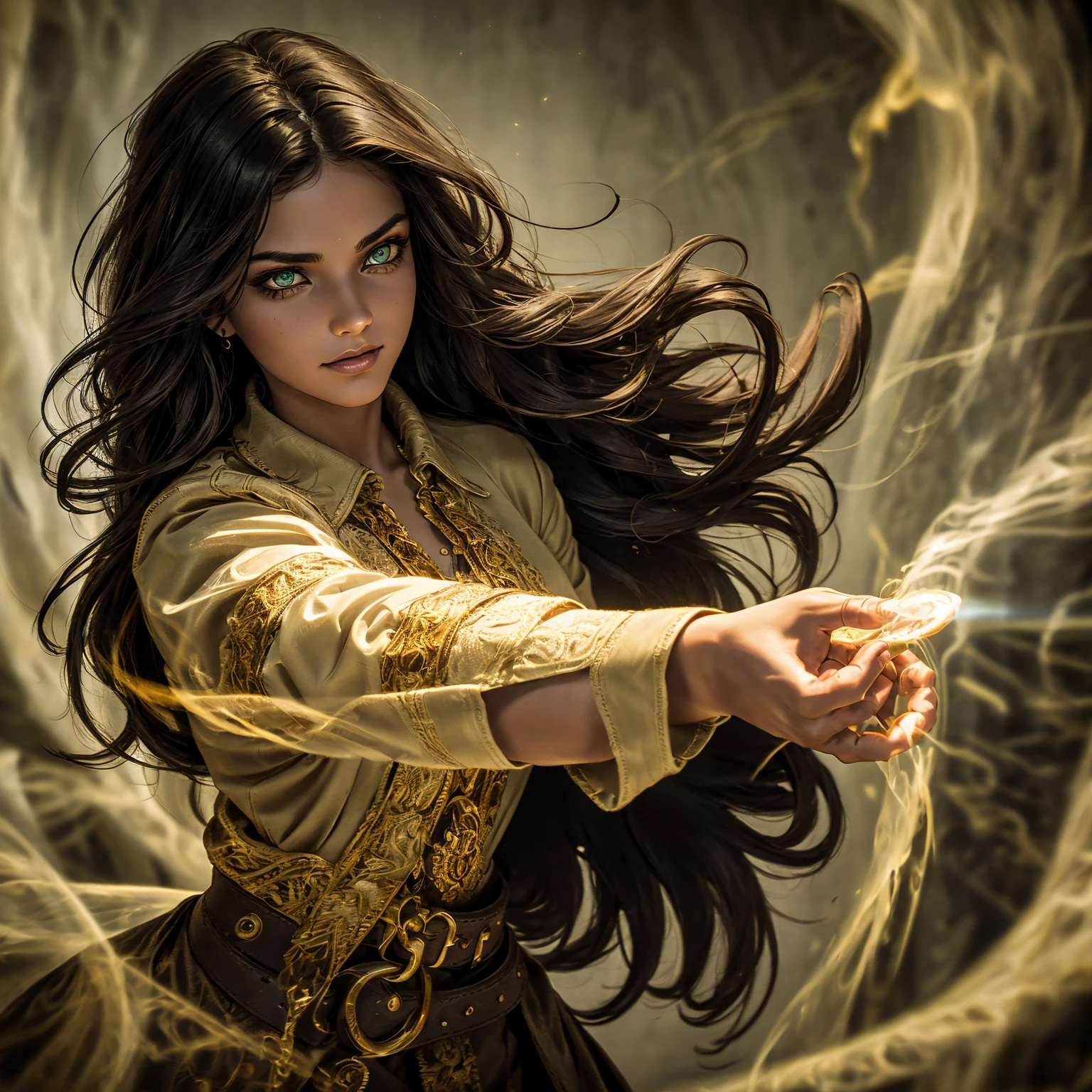 A stunning South-Indian woman, olive-skinned woman, Indian beauty, with bright green eyes, standing in swirling black smoke, with dark brown-black long wavy hair, mesmerizing features with a scary expression, finely detailed eyes, angry mood masterpiece, top quality, best quality, official art, beautiful and aesthetic:1.2), (1girl), extreme detailed,(fractal art:1.3), colorful, highest detailed, (masterpiece, best quality:1.3) professional digital painting, Unreal Engine 5. Wearing a black-buttoned-up military-trench coat. Scary void dripping from body and face black magic swirling around. Black smoke swirled around her. Purple-tinted background. In a 1920 setting, at a farm, wearing 1930 style clothing, , masterpiece, top quality, best quality, official art, beautiful and aesthetic:1.2), (1girl), extreme detailed,(fractal art:1.3), yellow, orange, pink, purple, highest detailed, (masterpiece, best quality:1.3) 1 green-eyed woman, professional digital painting, Unreal Engine 5. Wearing linen blouse, Wearing long skirt, Long hair, hopeful expression, finely detailed eyes, smiling, epic scene, epic composition, Cinematic Lighting, Volumetric Lighting, ethereal light, intricate details, extremely detailed volumetric rays. Green Eyes. [Beautiful girl, linen shirt and pants, oil painting, Detailed facial features, Sunlight, bright colors, dramatic lighting, expressive eyes and lips, High Resolution]
