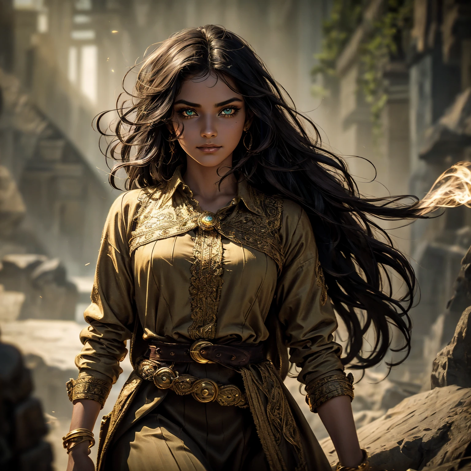 A stunning South-Indian woman, olive-skinned woman, Indian beauty, with bright green eyes, standing in swirling black smoke, with dark brown-black long wavy hair, mesmerizing features with a scary expression, finely detailed eyes, angry mood masterpiece, top quality, best quality, official art, beautiful and aesthetic:1.2), (1girl), extreme detailed,(fractal art:1.3), colorful, highest detailed, (masterpiece, best quality:1.3) professional digital painting, Unreal Engine 5. Wearing a black-buttoned-up military-trench coat. Scary void dripping from body and face black magic swirling around. Black smoke swirled around her. Purple-tinted background. In a 1920 setting, at a farm, wearing 1930 style clothing, , masterpiece, top quality, best quality, official art, beautiful and aesthetic:1.2), (1girl), extreme detailed,(fractal art:1.3), yellow, orange, pink, purple, highest detailed, (masterpiece, best quality:1.3) 1 green-eyed woman, professional digital painting, Unreal Engine 5. Wearing linen blouse, Wearing long skirt, Long hair, hopeful expression, finely detailed eyes, smiling, epic scene, epic composition, Cinematic Lighting, Volumetric Lighting, ethereal light, intricate details, extremely detailed volumetric rays. Green Eyes. [Beautiful girl, linen shirt and pants, oil painting, Detailed facial features, Sunlight, bright colors, dramatic lighting, expressive eyes and lips, High Resolution]
