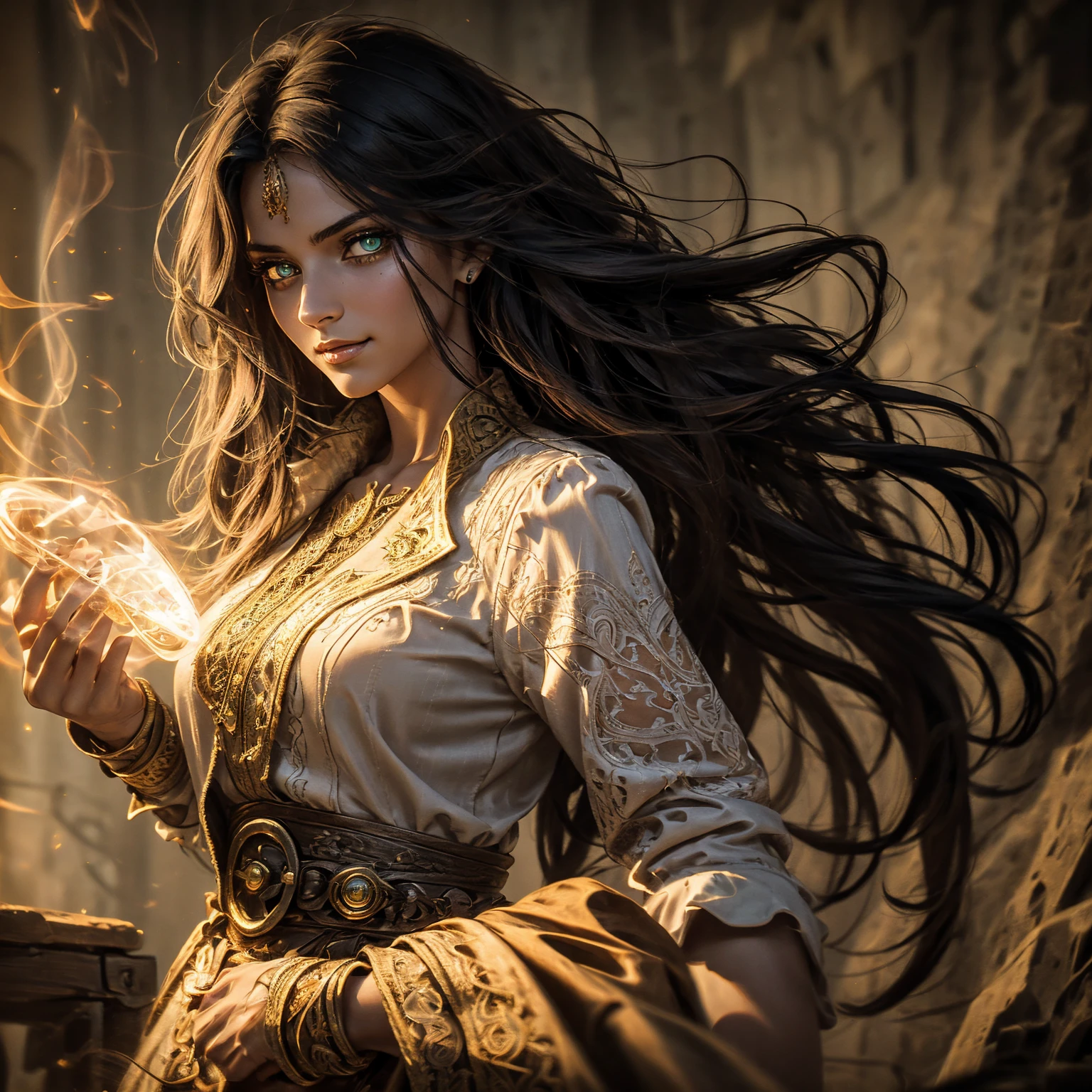 A stunning South-Indian woman, olive-skinned woman, Indian beauty, with bright green eyes, standing in swirling black smoke, with dark brown-black long wavy hair, mesmerizing features with a scary expression, finely detailed eyes, angry mood masterpiece, top quality, best quality, official art, beautiful and aesthetic:1.2), (1girl), extreme detailed,(fractal art:1.3), colorful, highest detailed, (masterpiece, best quality:1.3) professional digital painting, Unreal Engine 5. Wearing a black-buttoned-up military-trench coat. Scary void dripping from body and face black magic swirling around. Black smoke swirled around her. Purple-tinted background. In a 1920 setting, at a farm, wearing 1930 style clothing, , masterpiece, top quality, best quality, official art, beautiful and aesthetic:1.2), (1girl), extreme detailed,(fractal art:1.3), yellow, orange, pink, purple, highest detailed, (masterpiece, best quality:1.3) 1 green-eyed woman, professional digital painting, Unreal Engine 5. Wearing linen blouse, Wearing long skirt, Long hair, hopeful expression, finely detailed eyes, smiling, epic scene, epic composition, Cinematic Lighting, Volumetric Lighting, ethereal light, intricate details, extremely detailed volumetric rays. Green Eyes. [Beautiful girl, linen shirt and pants, oil painting, Detailed facial features, Sunlight, bright colors, dramatic lighting, expressive eyes and lips, High Resolution]

