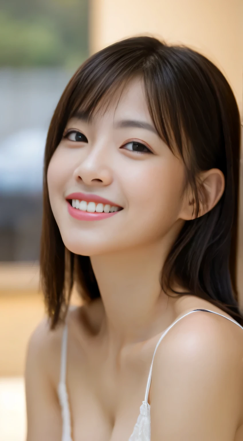 masterpiece,best quality,(Japanese ),((Beautiful girl)),cleavage,indoor,(perfect body beauty:1.2),(shy smile),beautiful teeth,