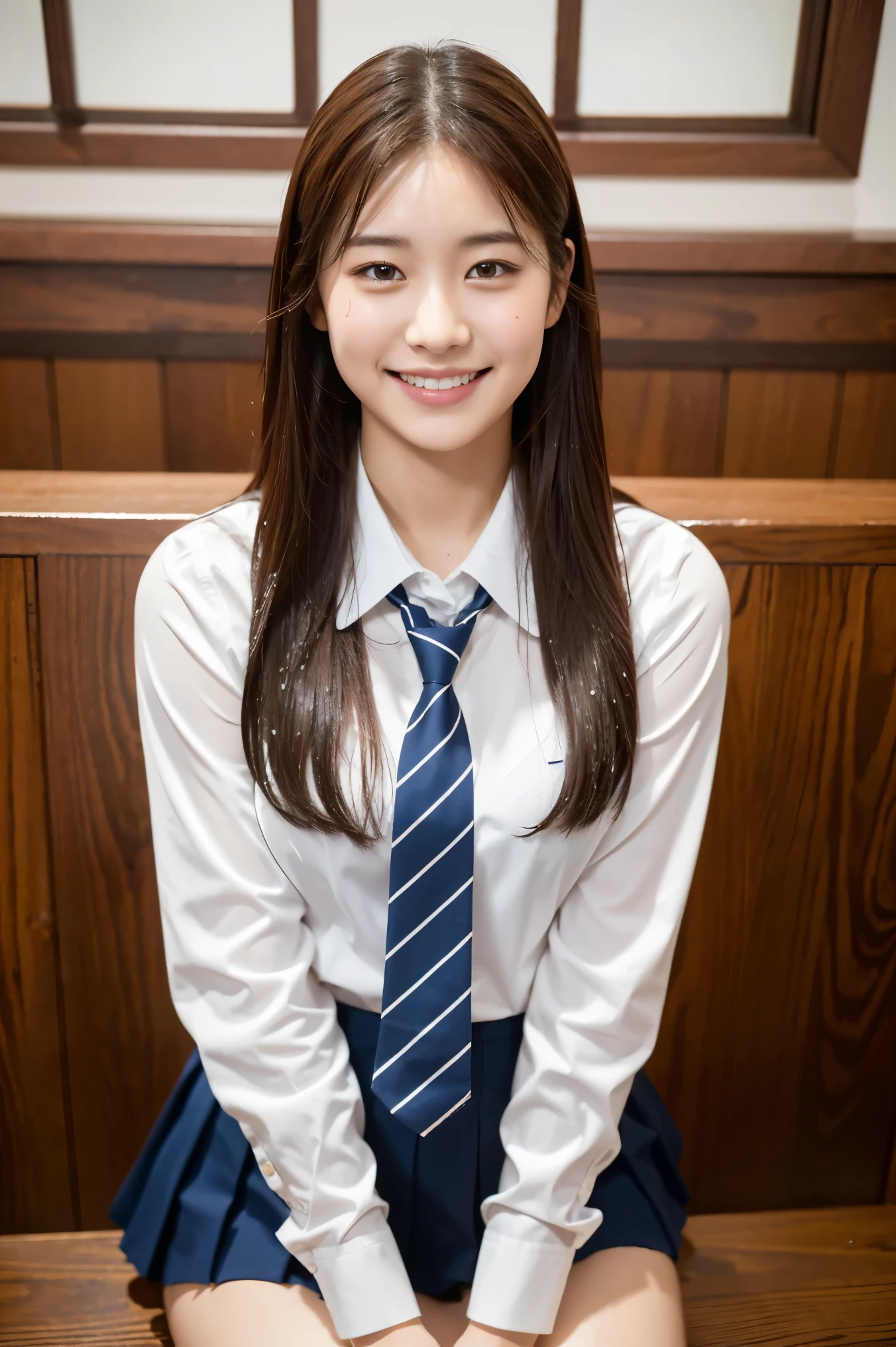 (8K), (Best Quality: 1.2), (Realistic), (Photorealistic: 1.37), Ultra High Definition, 1 Girl, Cute, Smile, Closed Mouth, Beautiful Details, Beautiful Nose, Full Body, Wet Hair, Colossal Dalsefo, Pork, School Uniform, Thighs, brown hair