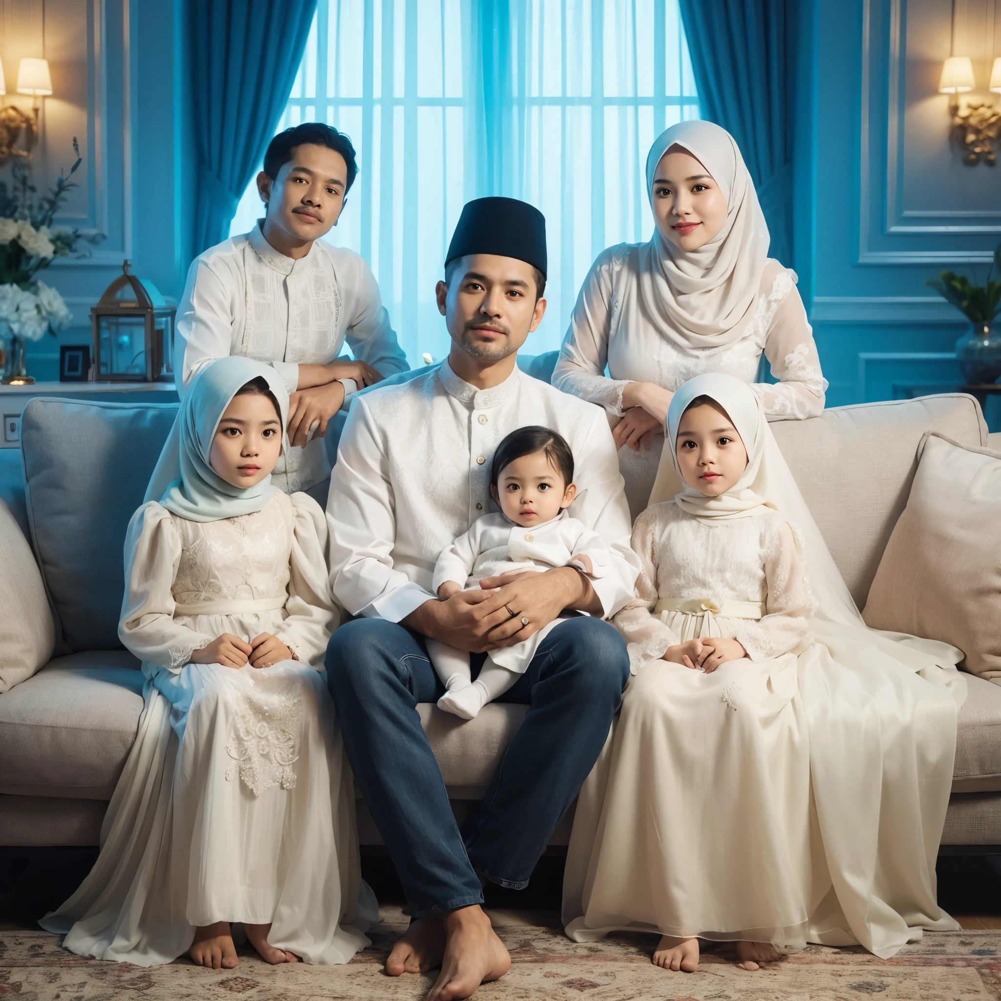 A family photo in Indonesia, with six members. The father and mother are 45 years old, the son is 12 years old, two daughters are 8 and 6 years old, and a baby boy is 2 months old. They are all wearing matching white Muslim clothes, with a luxurious living room as the background. They are sitting on the sofa, with detailed, realistic, ultra HD quality. 