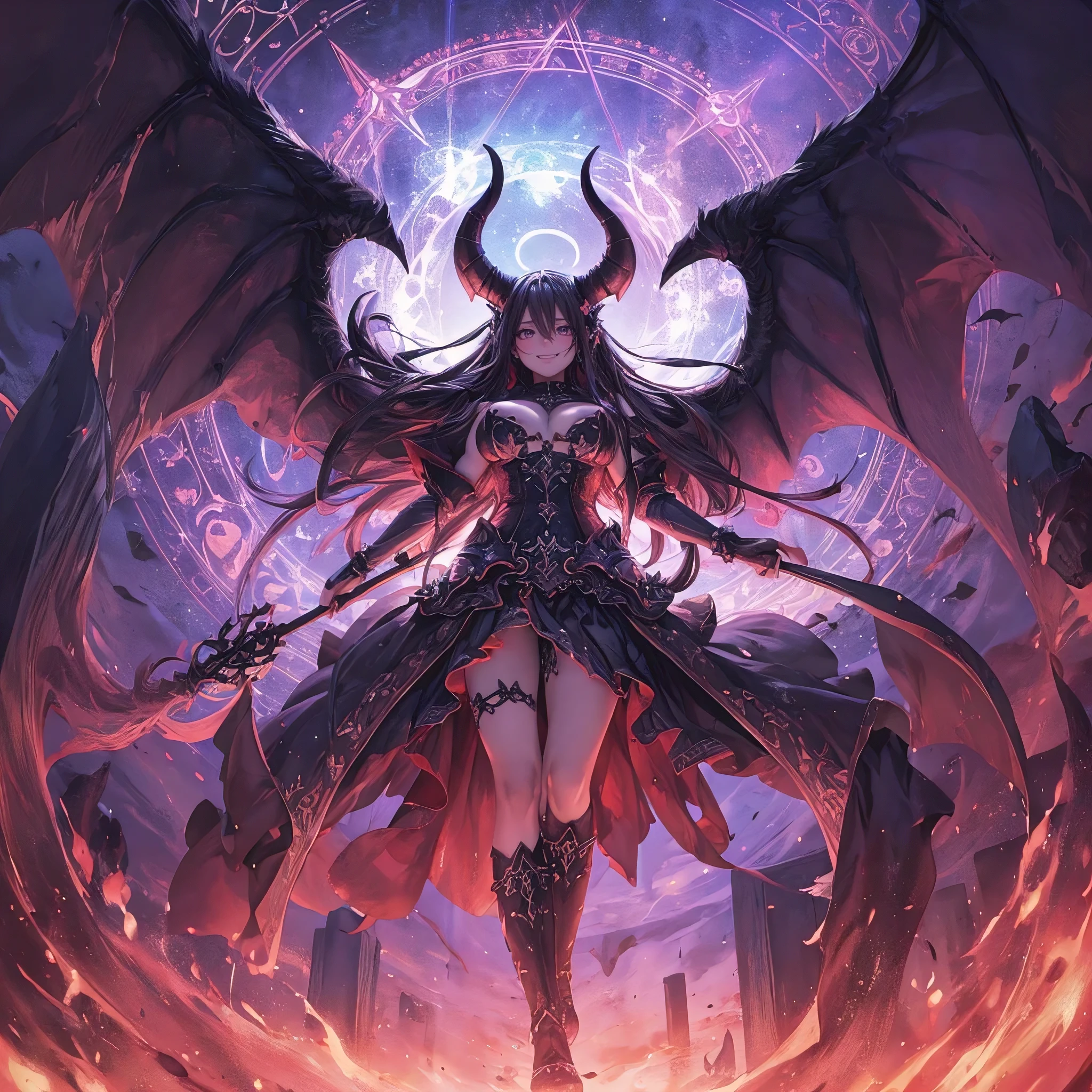 (from below, best quality, masterpiece, photorealistic:1.2), a demoness rises from a glowing summoning circle, perfect body, huge breasts, wide hips, dark aura, grin, temple, (floating items)