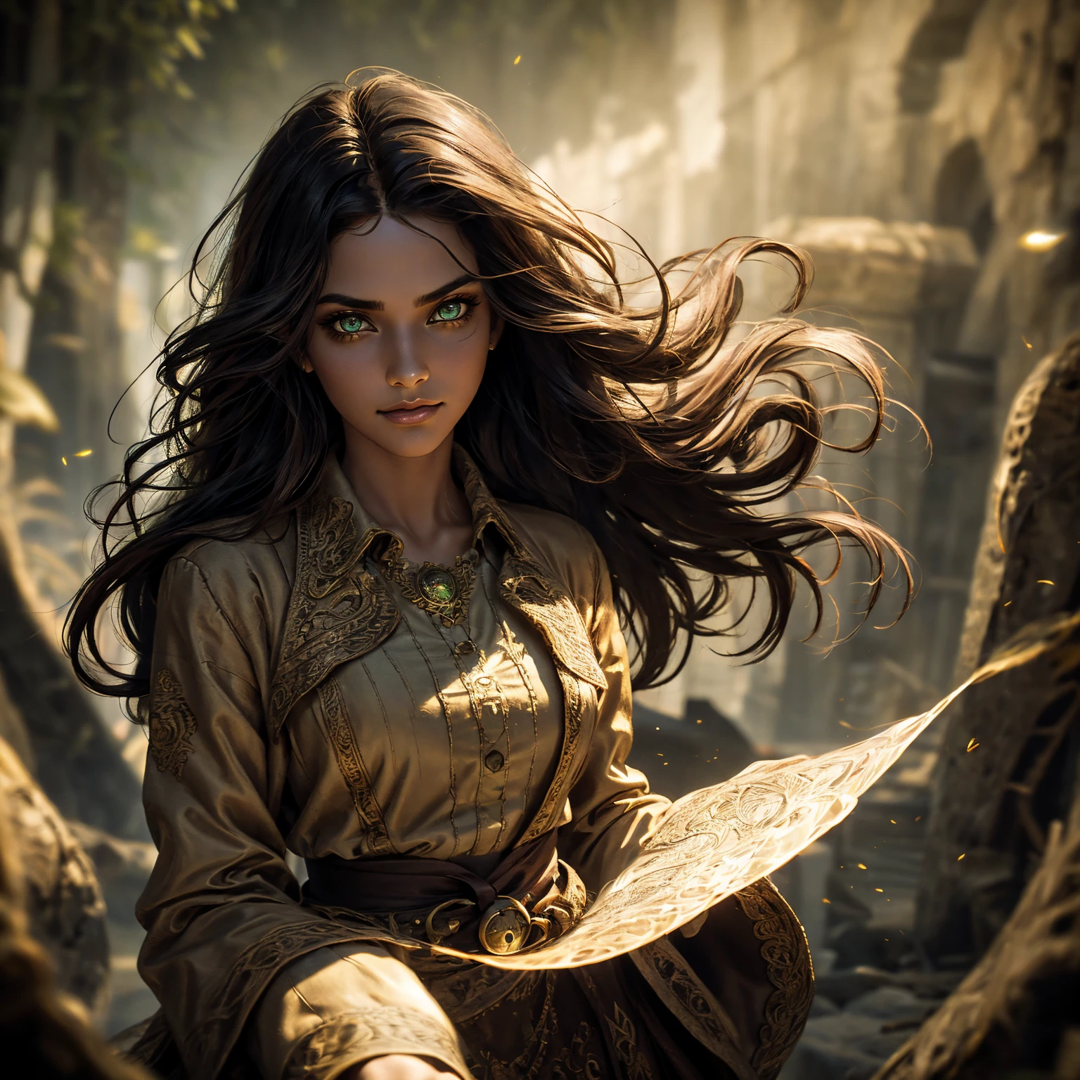 A stunning South-Indian woman, olive-skinned woman, Indian beauty, with bright green eyes, standing in swirling black smoke, with dark brown-black long wavy hair, mesmerizing features with a scary expression, finely detailed eyes, angry mood masterpiece, top quality, best quality, official art, beautiful and aesthetic:1.2), (1girl), extreme detailed,(fractal art:1.3), colorful, highest detailed, (masterpiece, best quality:1.3) professional digital painting, Unreal Engine 5. Wearing a black-buttoned-up military-trench coat. Scary void dripping from body and face black magic swirling around. Black smoke swirled around her. Purple-tinted background. In a 1920 setting, at a farm, wearing 1930 style clothing, , masterpiece, top quality, best quality, official art, beautiful and aesthetic:1.2), (1girl), extreme detailed,(fractal art:1.3), yellow, orange, pink, purple, highest detailed, (masterpiece, best quality:1.3) 1 green-eyed woman, professional digital painting, Unreal Engine 5. Wearing linen blouse, Wearing long skirt, Long hair, hopeful expression, finely detailed eyes, smiling, epic scene, epic composition, Cinematic Lighting, Volumetric Lighting, ethereal light, intricate details, extremely detailed volumetric rays. Green Eyes. [Beautiful girl, linen shirt and pants, oil painting, Detailed facial features, Sunlight, bright colors, dramatic lighting, expressive eyes and lips, High Resolution]

