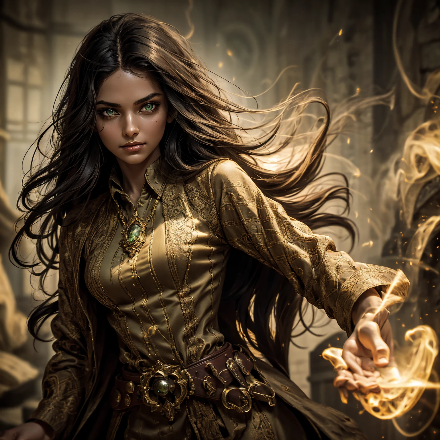 A stunning South-Indian woman, olive-skinned woman, Indian beauty, with bright green eyes, standing in swirling black smoke, with dark brown-black long wavy hair, mesmerizing features with a scary expression, finely detailed eyes, angry mood masterpiece, top quality, best quality, official art, beautiful and aesthetic:1.2), (1girl), extreme detailed,(fractal art:1.3), colorful, highest detailed, (masterpiece, best quality:1.3) professional digital painting, Unreal Engine 5. Wearing a black-buttoned-up military-trench coat. Scary void dripping from body and face black magic swirling around. Black smoke swirled around her. Purple-tinted background. In a 1920 setting, at a farm, wearing 1930 style clothing, , masterpiece, top quality, best quality, official art, beautiful and aesthetic:1.2), (1girl), extreme detailed,(fractal art:1.3), yellow, orange, pink, purple, highest detailed, (masterpiece, best quality:1.3) 1 green-eyed woman, professional digital painting, Unreal Engine 5. Wearing linen blouse, Wearing long skirt, Long hair, hopeful expression, finely detailed eyes, smiling, epic scene, epic composition, Cinematic Lighting, Volumetric Lighting, ethereal light, intricate details, extremely detailed volumetric rays. Green Eyes. [Beautiful girl, linen shirt and pants, oil painting, Detailed facial features, Sunlight, bright colors, dramatic lighting, expressive eyes and lips, High Resolution]
