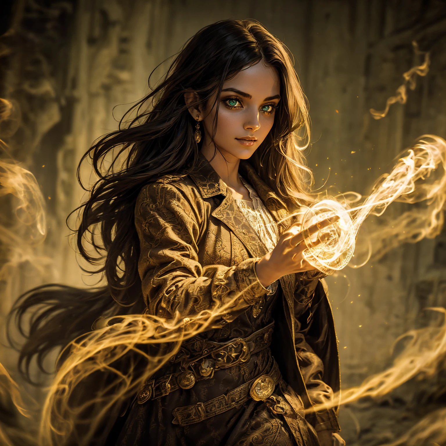 A stunning South-Indian woman, olive-skinned woman, Indian beauty, with bright green eyes, standing in swirling black smoke, with dark brown-black long wavy hair, mesmerizing features with a scary expression, finely detailed eyes, angry mood masterpiece, top quality, best quality, official art, beautiful and aesthetic:1.2), (1girl), extreme detailed,(fractal art:1.3), colorful, highest detailed, (masterpiece, best quality:1.3) professional digital painting, Unreal Engine 5. Wearing a black-buttoned-up military-trench coat. Scary void dripping from body and face black magic swirling around. Black smoke swirled around her. Purple-tinted background. In a 1920 setting, at a farm, wearing 1930 style clothing, , masterpiece, top quality, best quality, official art, beautiful and aesthetic:1.2), (1girl), extreme detailed,(fractal art:1.3), yellow, orange, pink, purple, highest detailed, (masterpiece, best quality:1.3) 1 green-eyed woman, professional digital painting, Unreal Engine 5. Wearing linen blouse, Wearing long skirt, Long hair, hopeful expression, finely detailed eyes, smiling, epic scene, epic composition, Cinematic Lighting, Volumetric Lighting, ethereal light, intricate details, extremely detailed volumetric rays. Green Eyes. [Beautiful girl, linen shirt and pants, oil painting, Detailed facial features, Sunlight, bright colors, dramatic lighting, expressive eyes and lips, High Resolution]
