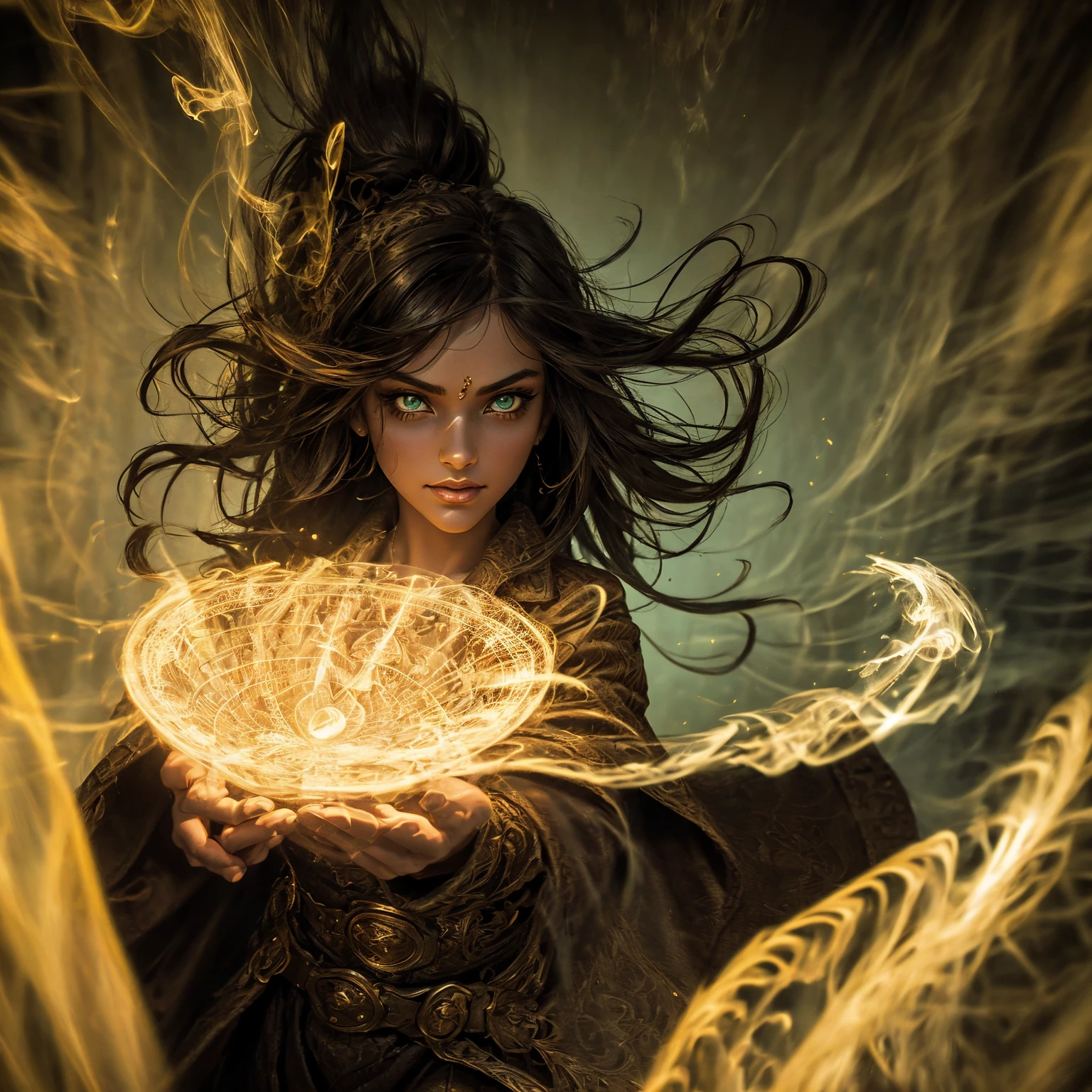 A stunning South-Indian woman, olive-skinned woman, Indian beauty, with bright green eyes, standing in swirling black smoke, with dark brown-black long wavy hair, mesmerizing features with a scary expression, finely detailed eyes, angry mood masterpiece, top quality, best quality, official art, beautiful and aesthetic:1.2), (1girl), extreme detailed,(fractal art:1.3), colorful, highest detailed, (masterpiece, best quality:1.3) professional digital painting, Unreal Engine 5. Wearing a black-buttoned-up military-trench coat. Scary void dripping from body and face black magic swirling around. Black smoke swirled around her. Purple-tinted background. In a 1920 setting, at a farm, wearing 1930 style clothing, , masterpiece, top quality, best quality, official art, beautiful and aesthetic:1.2), (1girl), extreme detailed,(fractal art:1.3), yellow, orange, pink, purple, highest detailed, (masterpiece, best quality:1.3) 1 green-eyed woman, professional digital painting, Unreal Engine 5. Wearing linen blouse, Wearing long skirt, Long hair, hopeful expression, finely detailed eyes, smiling, epic scene, epic composition, Cinematic Lighting, Volumetric Lighting, ethereal light, intricate details, extremely detailed volumetric rays. Green Eyes. [Beautiful girl, linen shirt and pants, oil painting, Detailed facial features, Sunlight, bright colors, dramatic lighting, expressive eyes and lips, High Resolution]
