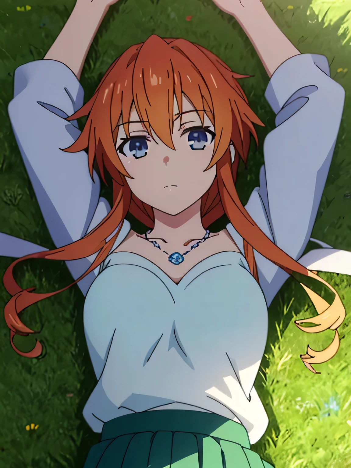 (((pixel-perfect, detail-perfect))), solo, 1girl, yuzuru yamai, white shirt, necklace, green skirt, looking at viewer, high quality, closed mouth, spread arms, arms up, expressionless, lying, on back, on grass, looking at viewer, solo, center, upper body,