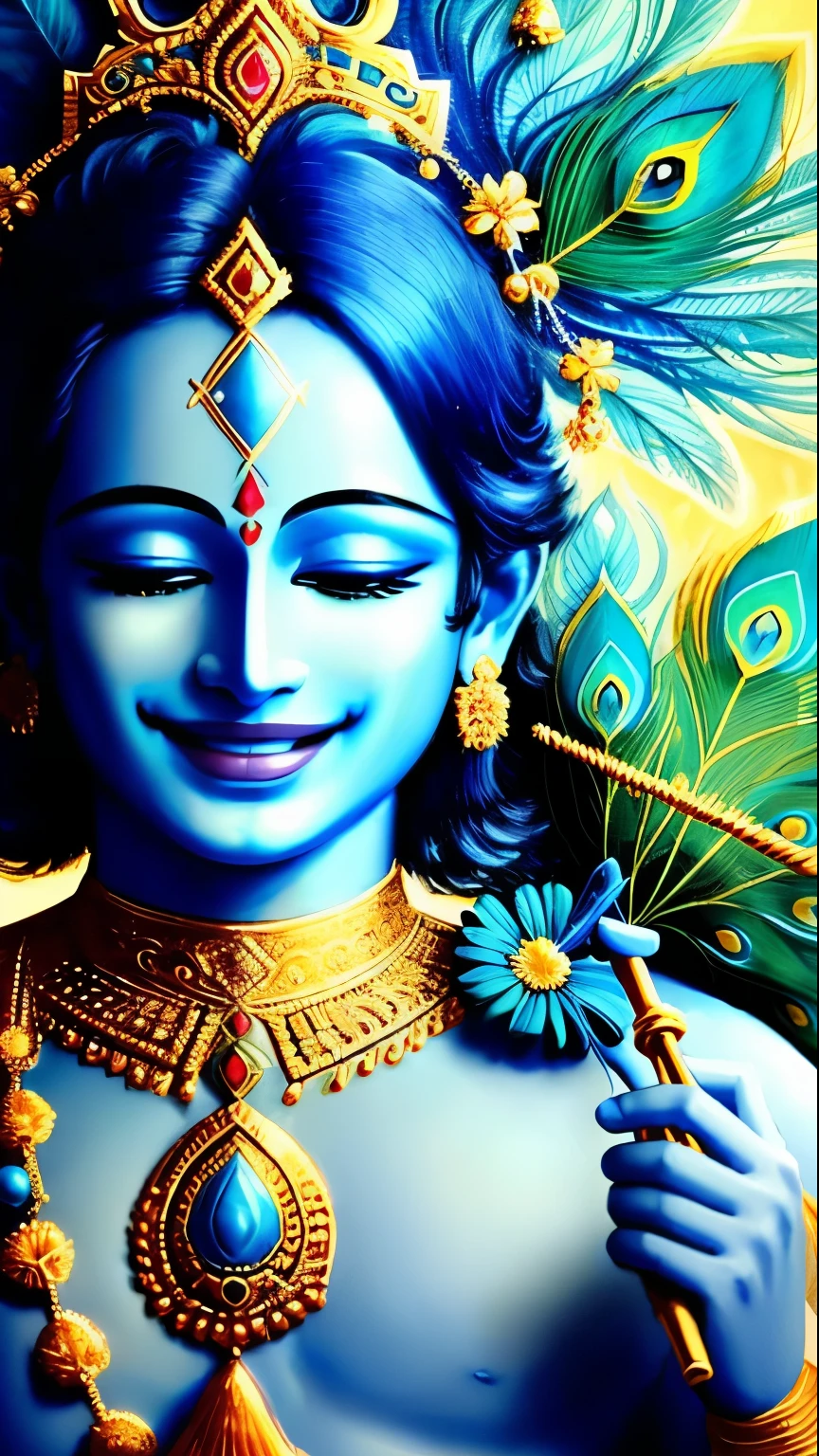 ancientstyle Lord Krishna, Hindu God, playing flute, blue skin, peacock feather in head, blessing at the viewer, (smiling:1.4), heavenly blue aura in background, (closeup shot:1.8), artstation, digital art